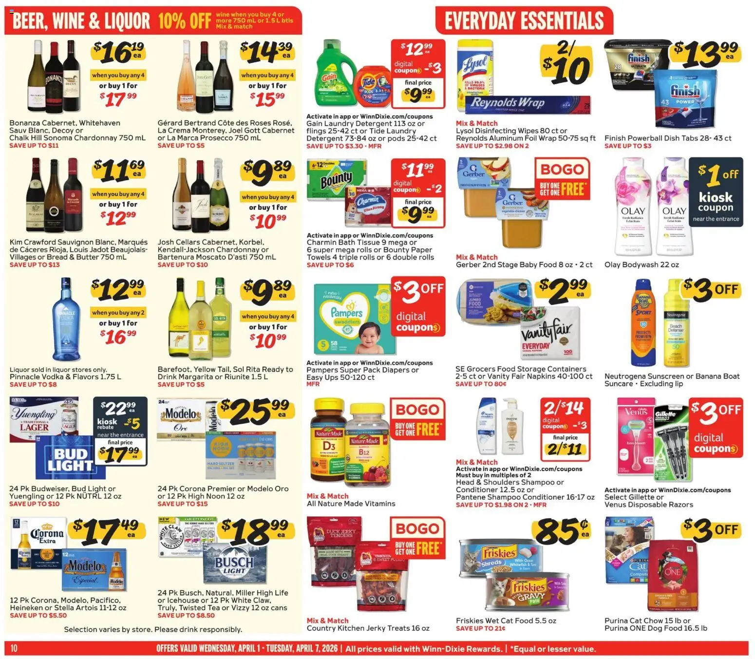 Winn Dixie Weekly Ad - valid from 01.04.2026 | Page: 10 | Products: Bath, Conditioner, Sunscreen, Wine