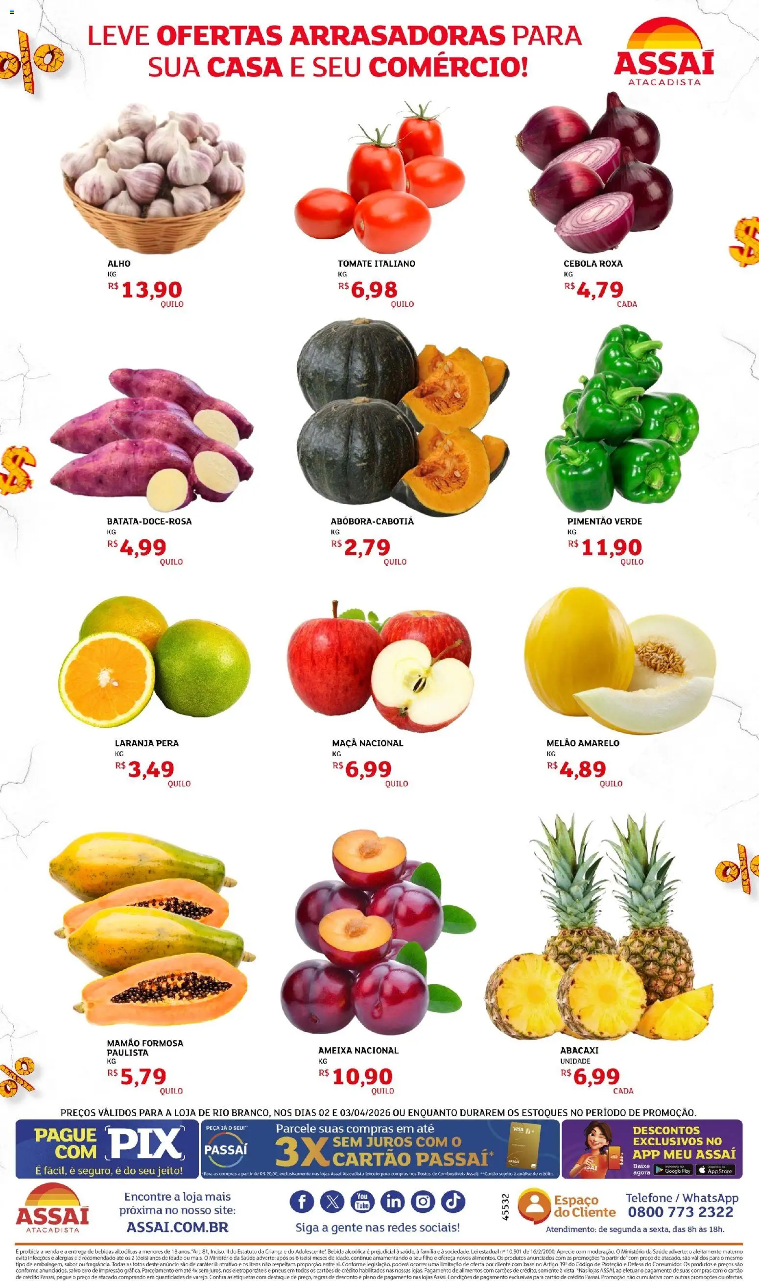 Assaí Atacadista Folheto - válido de 02.04.2026 | Página: 4 | Produtos: Melão, Cebola, Mamão, Ameixa