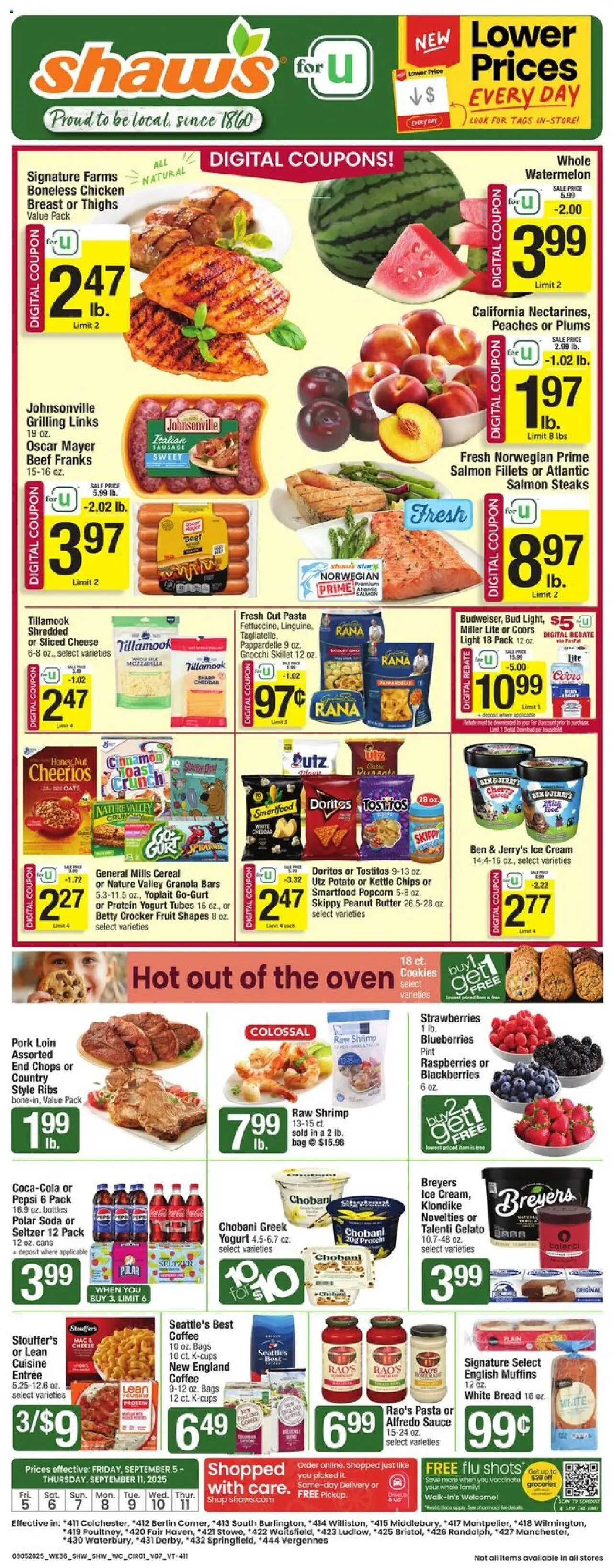 Shaw's Weekly Ad - VT - valid from 05.09.2025 | Page: 1 | Products: Cheese, Yogurt, Beef, Sauce