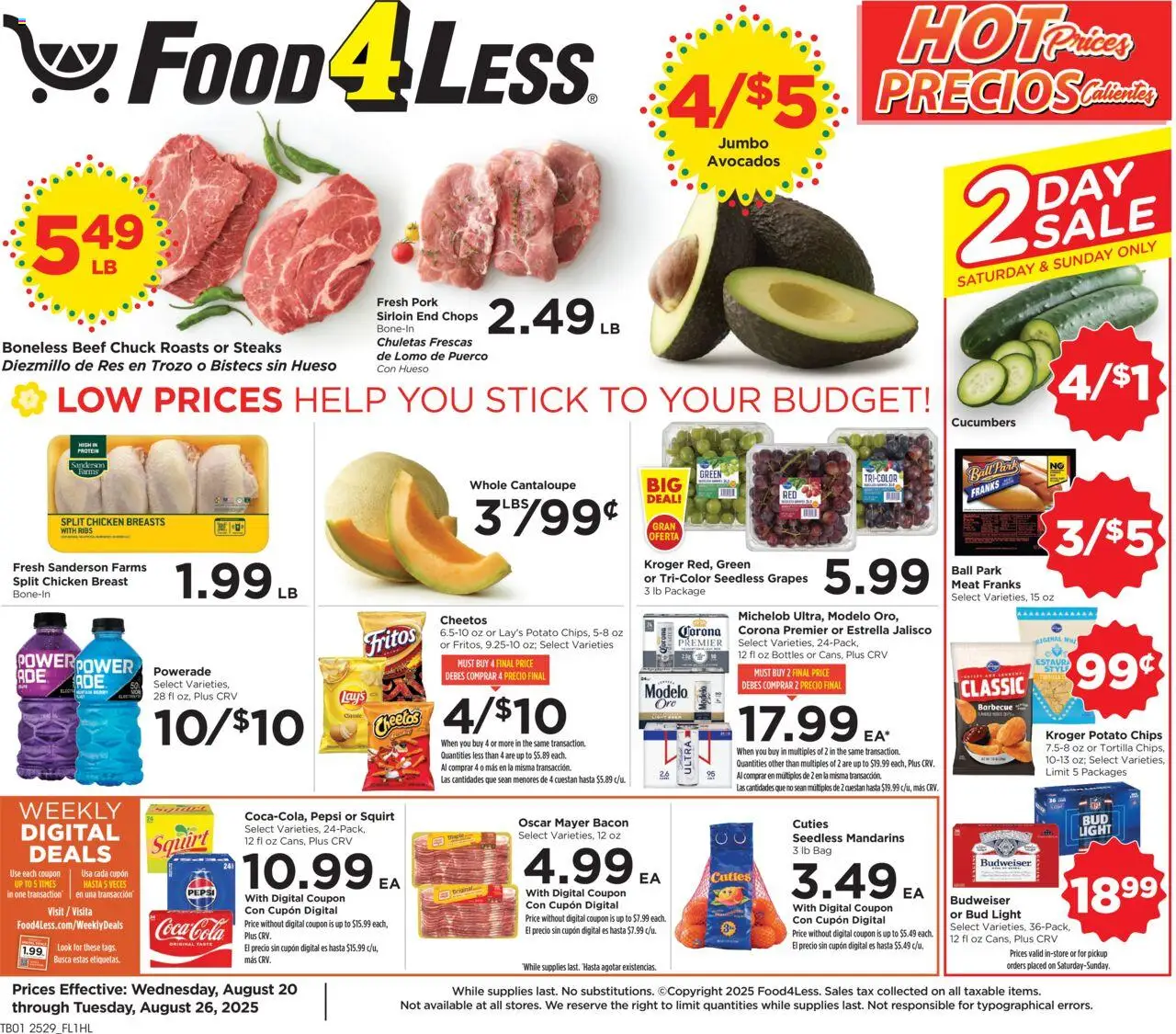 Food 4 Less Weekly Ad - valid from 20.08.2025 | Page: 1 | Products: Mandarins, Pork, Grapes, Bag