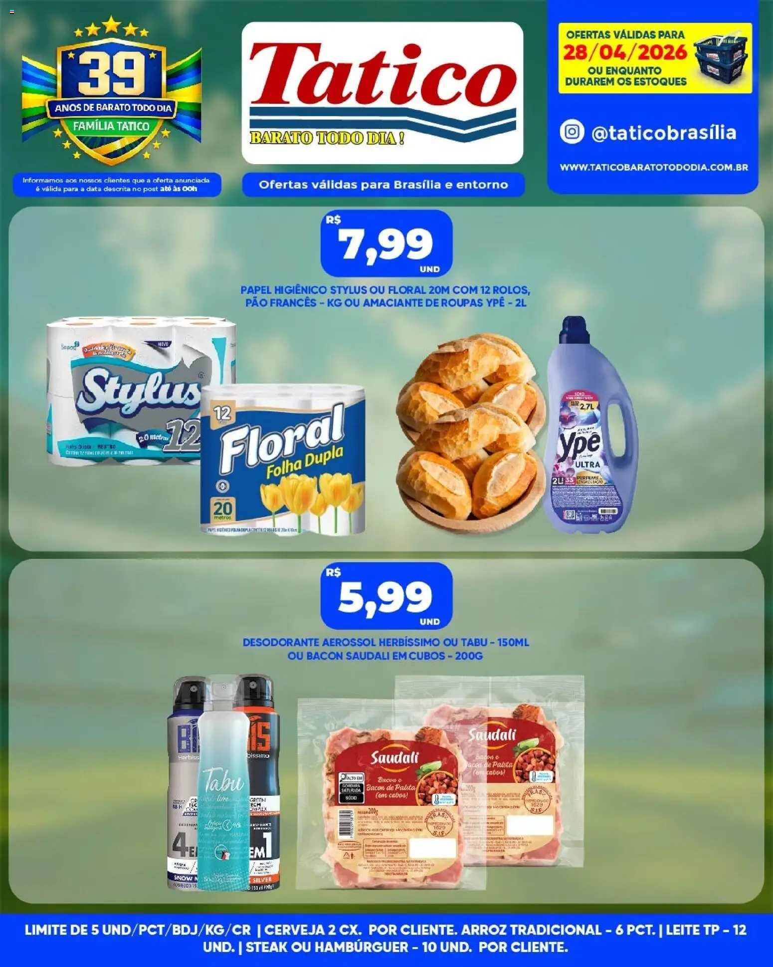 Tatico Folheto - válido de 29.04.2026 | Página: 28 | Produtos: Leite, Hambúrguer, Papel higiênico, Amaciante