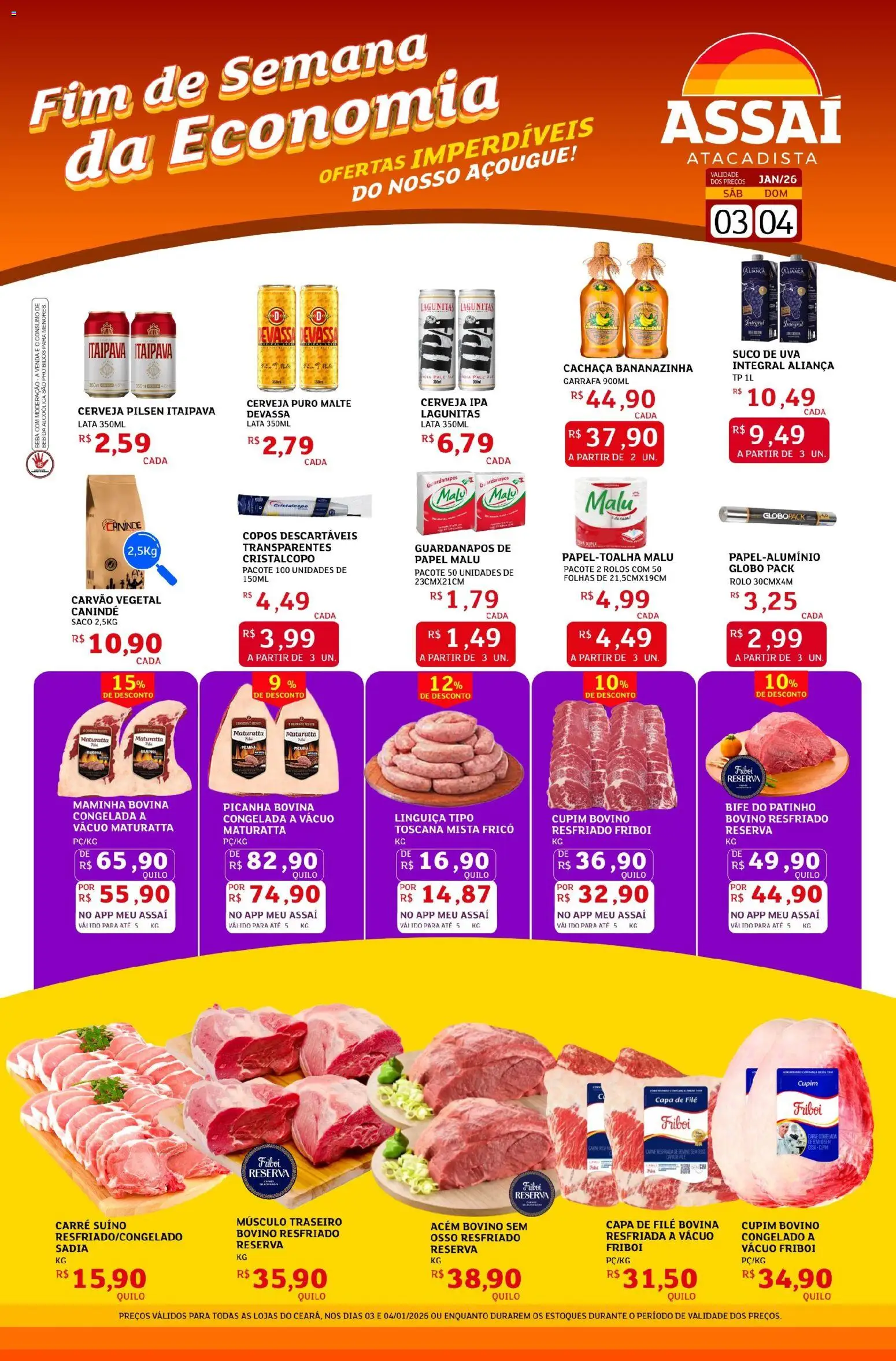 Assaí Atacadista Folheto - válido de 03.01.2026 | Página: 1 | Produtos: Cachaça, Acém, Maminha, Copos descartáveis