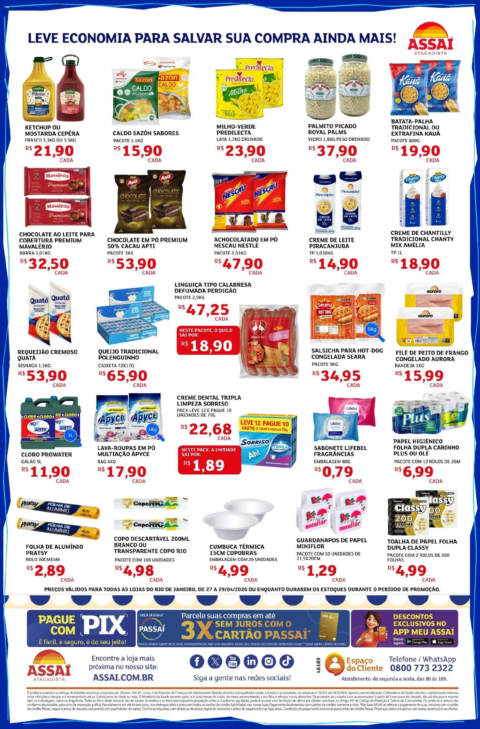 Assaí Atacadista Folheto - válido de 27.04.2026 | Página: 2 | Produtos: Salsicha, Queijo, Sabonete, Peito de frango