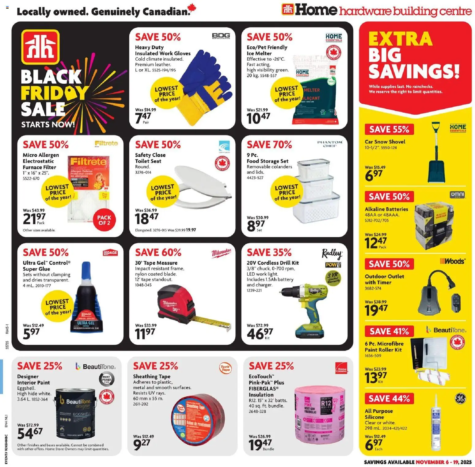 Home Hardware flyer valid from 06.11.2025 | Page: 1 | Products: Gloves, Battery