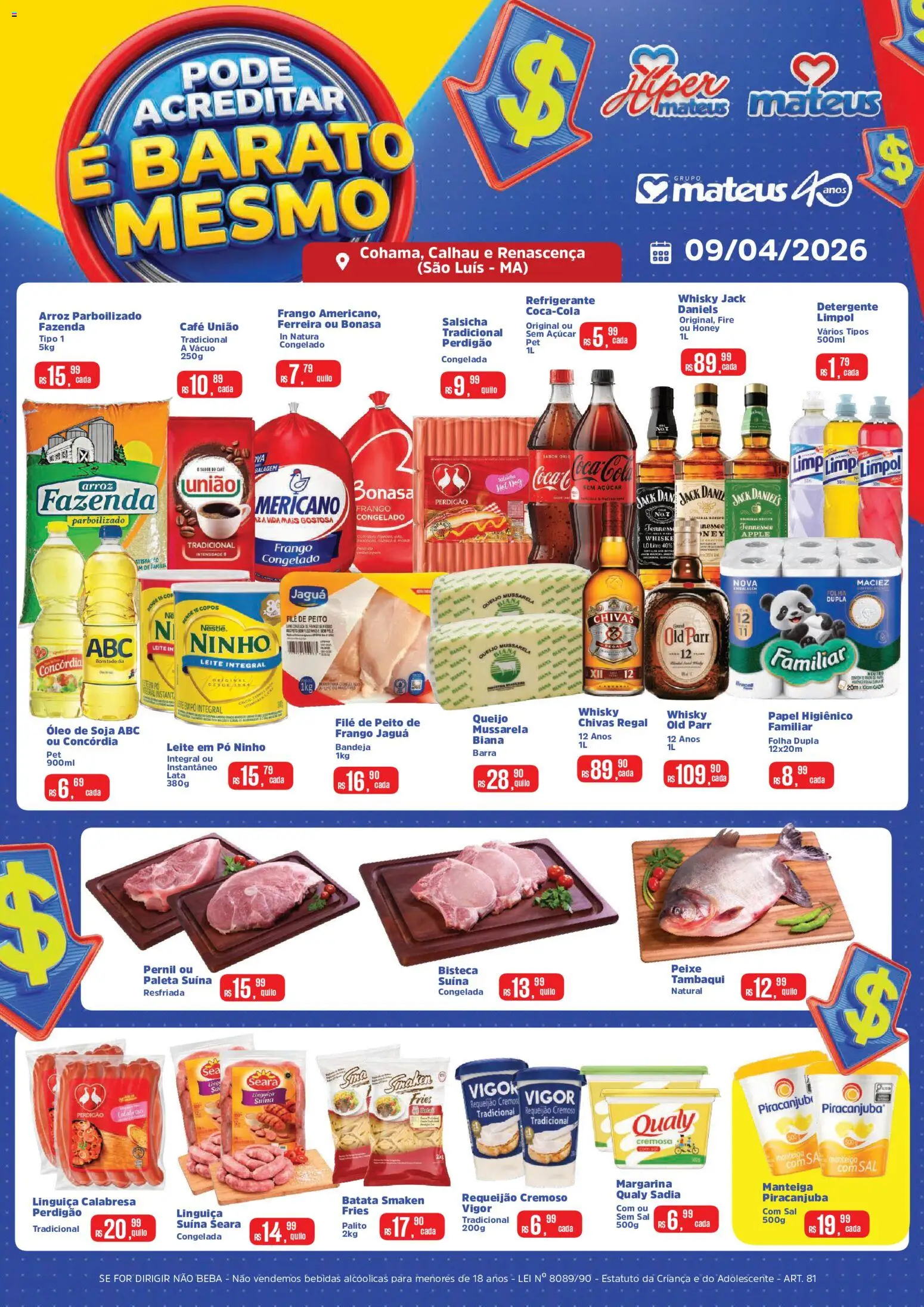 Mateus Folheto - válido de 09.04.2026 | Página: 1 | Produtos: Leite integral, Frango, Papel higiênico, Leite em pó