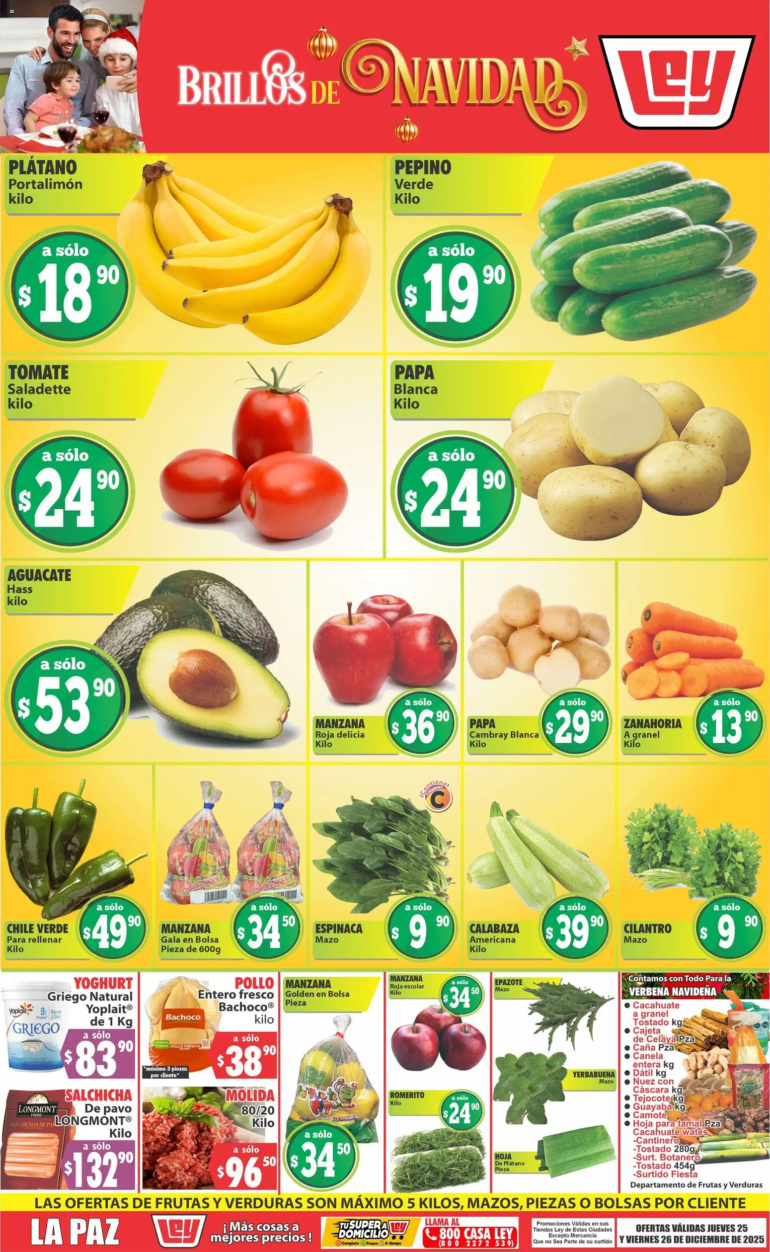 Nuevas ofertas de Casa Ley válidas en toda la República Mexicana desde el 25.12.2025. ¡Encuentra las mejores ofertas en Casa Ley folleto Las ofertas de frutas y verduras! | Página: 1 | Productos: Bolsa, Manzana, Aguacate, Espinaca