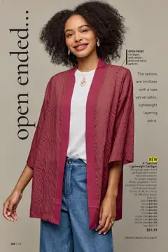 Preview of Textured Lightweight Cardigan, Burgundy open-front cardigan with sheer, textured pattern. 3/4-length sleeves. Body: polyester. Trim: polyester/rayon/spandex. Centre back length: 76 cm on M; 81 cm on 1X. Machine wash, line dry. from shop Avon valid from 29.01.2026 | Page: 128 | Products: Cardigan