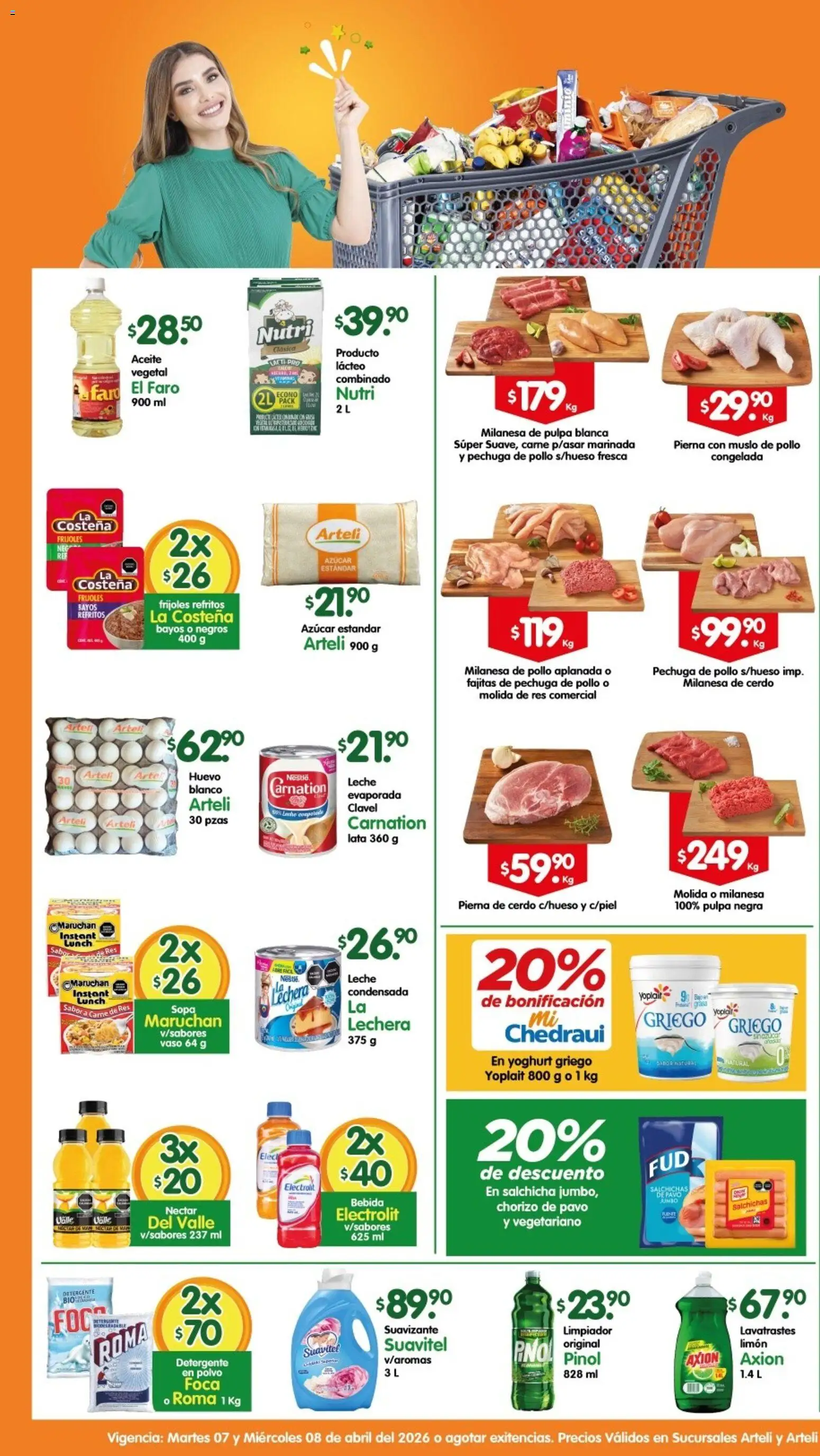 Nuevas ofertas de Arteli válidas en toda la República Mexicana desde el 07.04.2026. ¡Encuentra las mejores ofertas en Arteli folleto! | Página: 1 | Productos: Pollo, Milanesa, Res, Suavizante