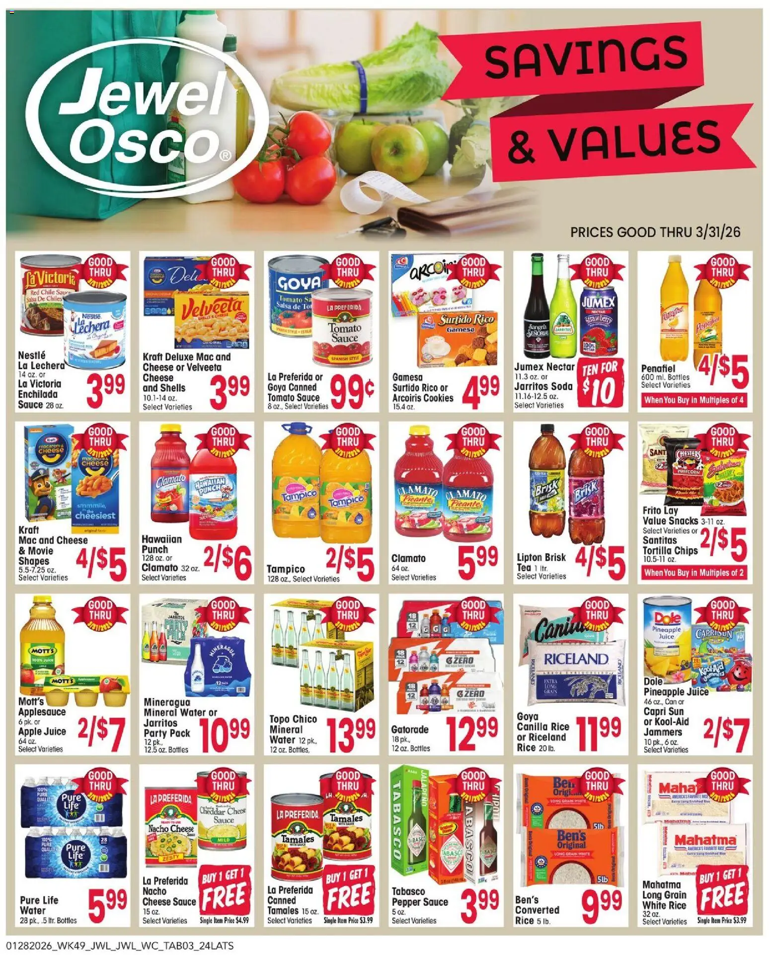 Jewel Osco Savings & Values - valid from 28.01.2026 | Page: 3 | Products: Rice, Pineapple, Water, Pepper