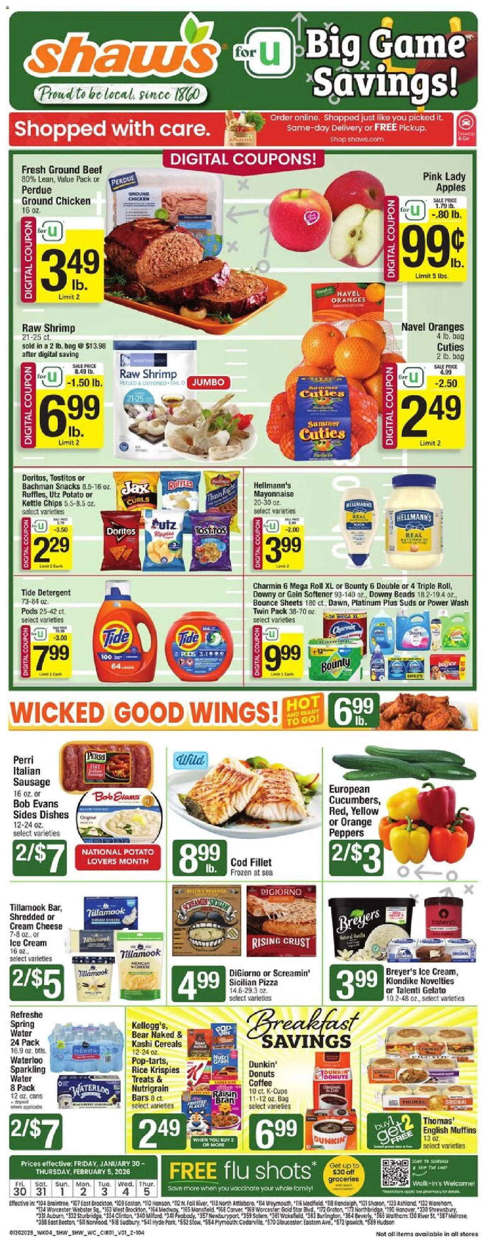 Shaw's Weekly Ad - MA - valid from 30.01.2026 | Page: 1 | Products: Apples, Oranges, Ice cream, Game