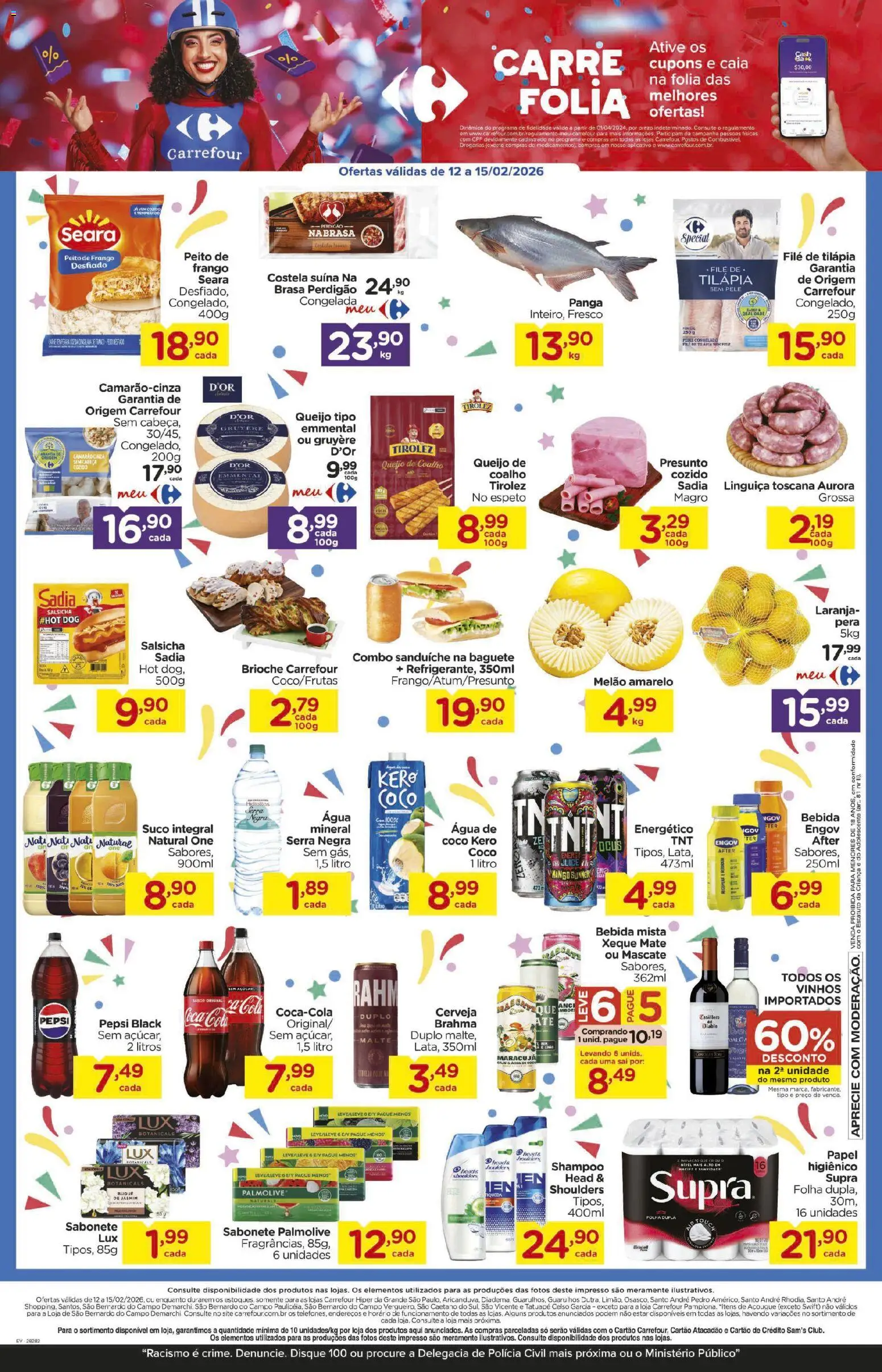 Carrefour Folheto - válido de 12.02.2026 | Página: 2 | Produtos: Presunto, Sanduíche, Sabonete, Filé de tilápia