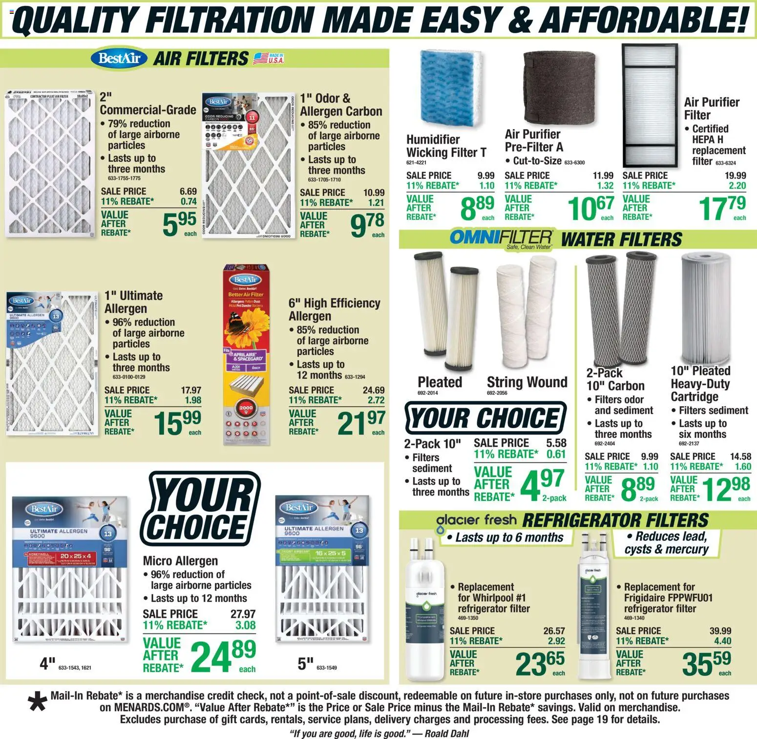 Menards Weekly Ad - valid from 22.04.2026 | Page: 21 | Products: Water, Refrigerator, Air Filter, Air purifier