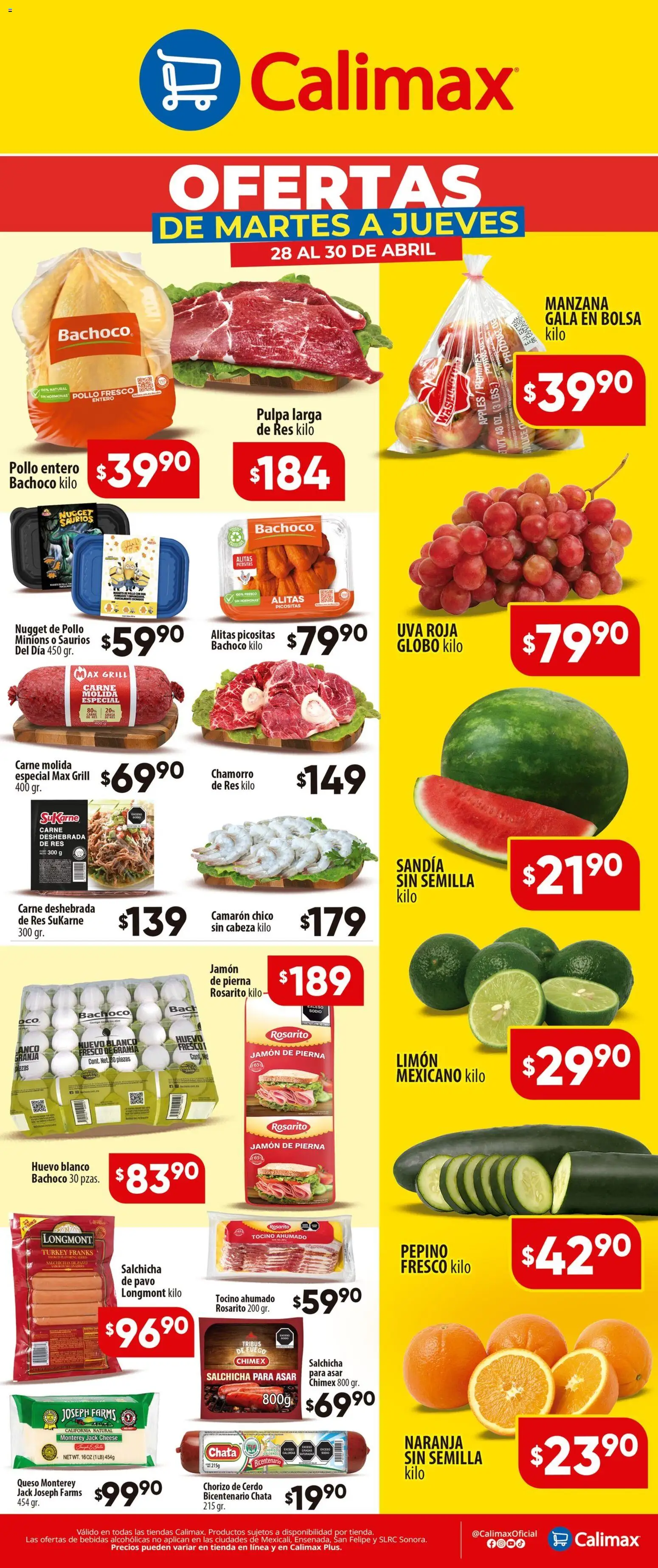 Nuevas ofertas de Calimax válidas en toda la República Mexicana desde el 28.04.2026. ¡Encuentra las mejores ofertas en Calimax folleto! | Página: 1 | Productos: Salchicha, Cerdo, Res, Chorizo
