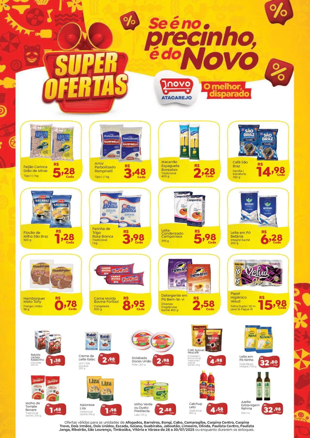 Novo Atacarejo Folheto - válido de 28.07.2025 | Página: 1 | Produtos: Perfume, Hambúrguer, Frango, Goiabada
