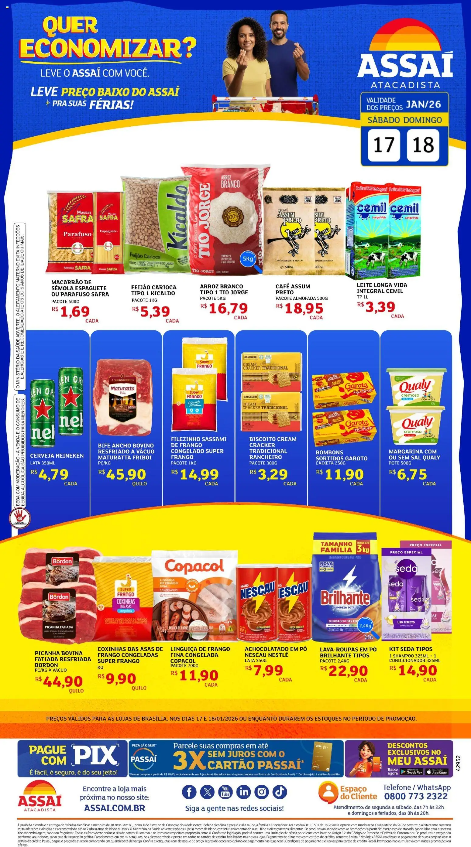 Assaí Atacadista Folheto - válido de 17.01.2026 | Página: 1 | Produtos: Café, Arroz, Carne, Telefone