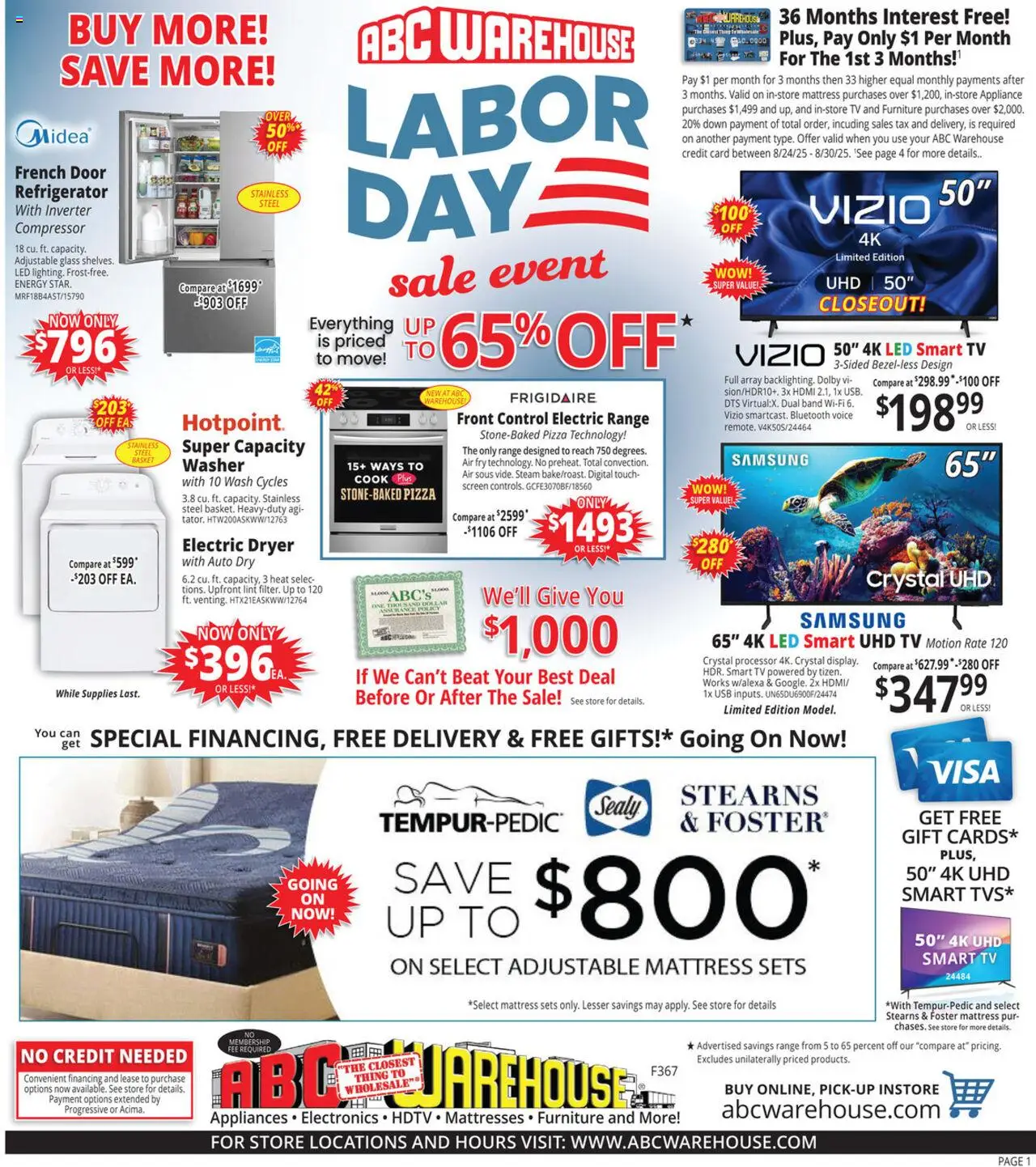 ABC Warehouse Weekly Ad - valid from 24.08.2025 | Page: 1 | Products: Basket, Pizza, Tv, Usb