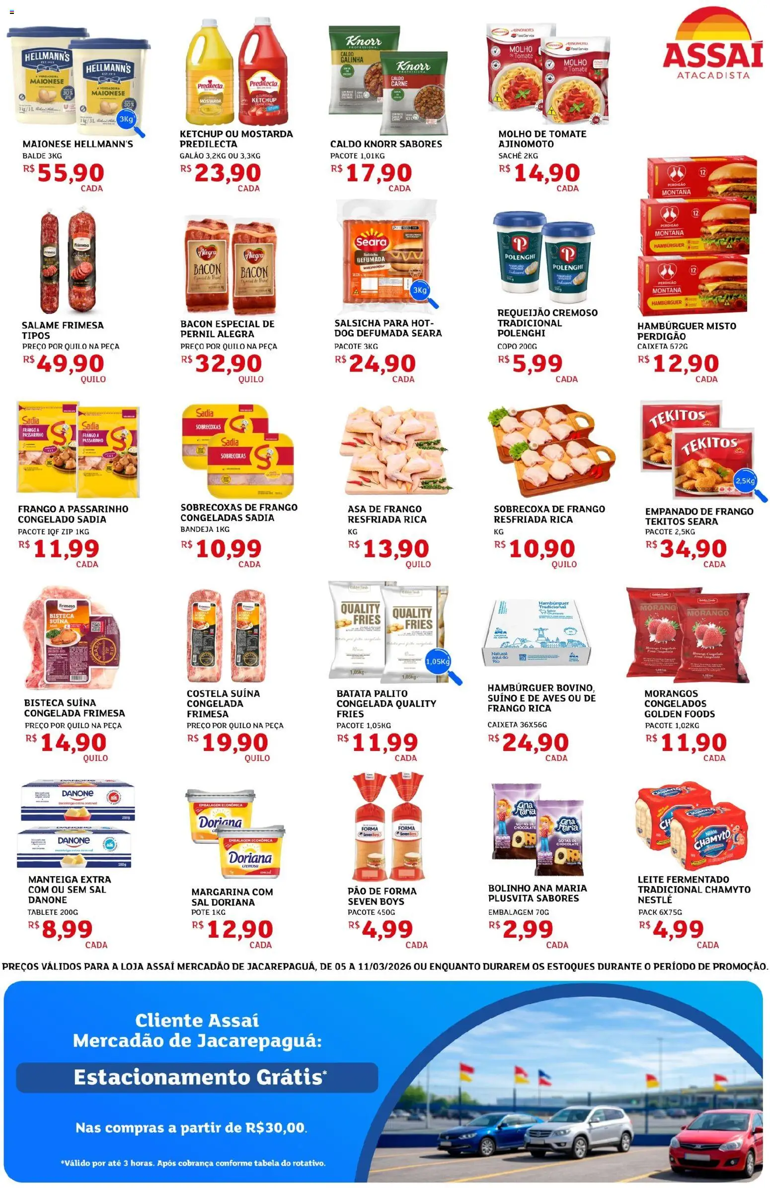Assaí Atacadista Folheto - válido de 05.03.2026 | Página: 3 | Produtos: Doriana, Salsicha, Hambúrguer, Margarina