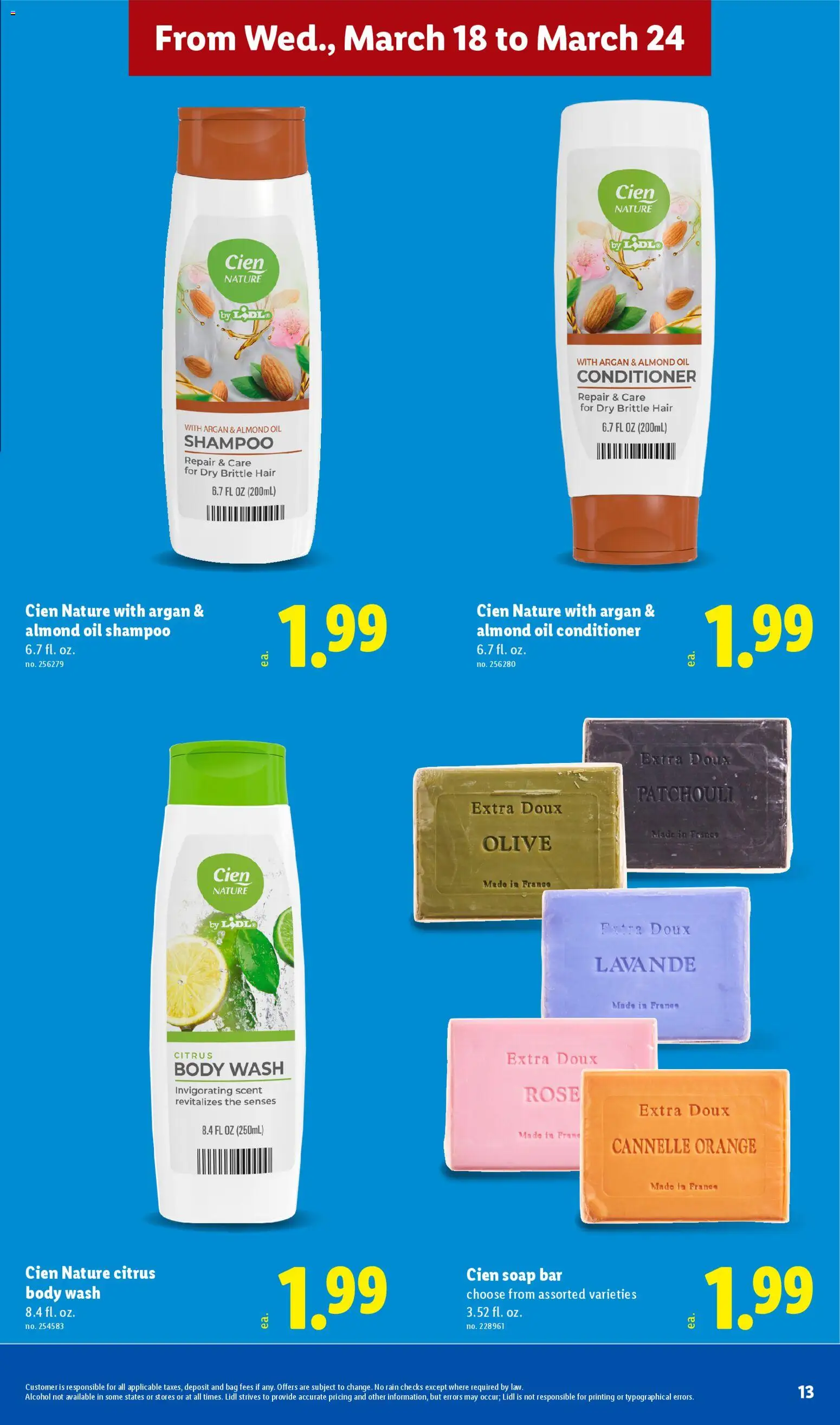 Lidl Weekly Ad - valid from 18.03.2026 | Page: 13 | Products: Shampoo, Conditioner, Oil, Soap