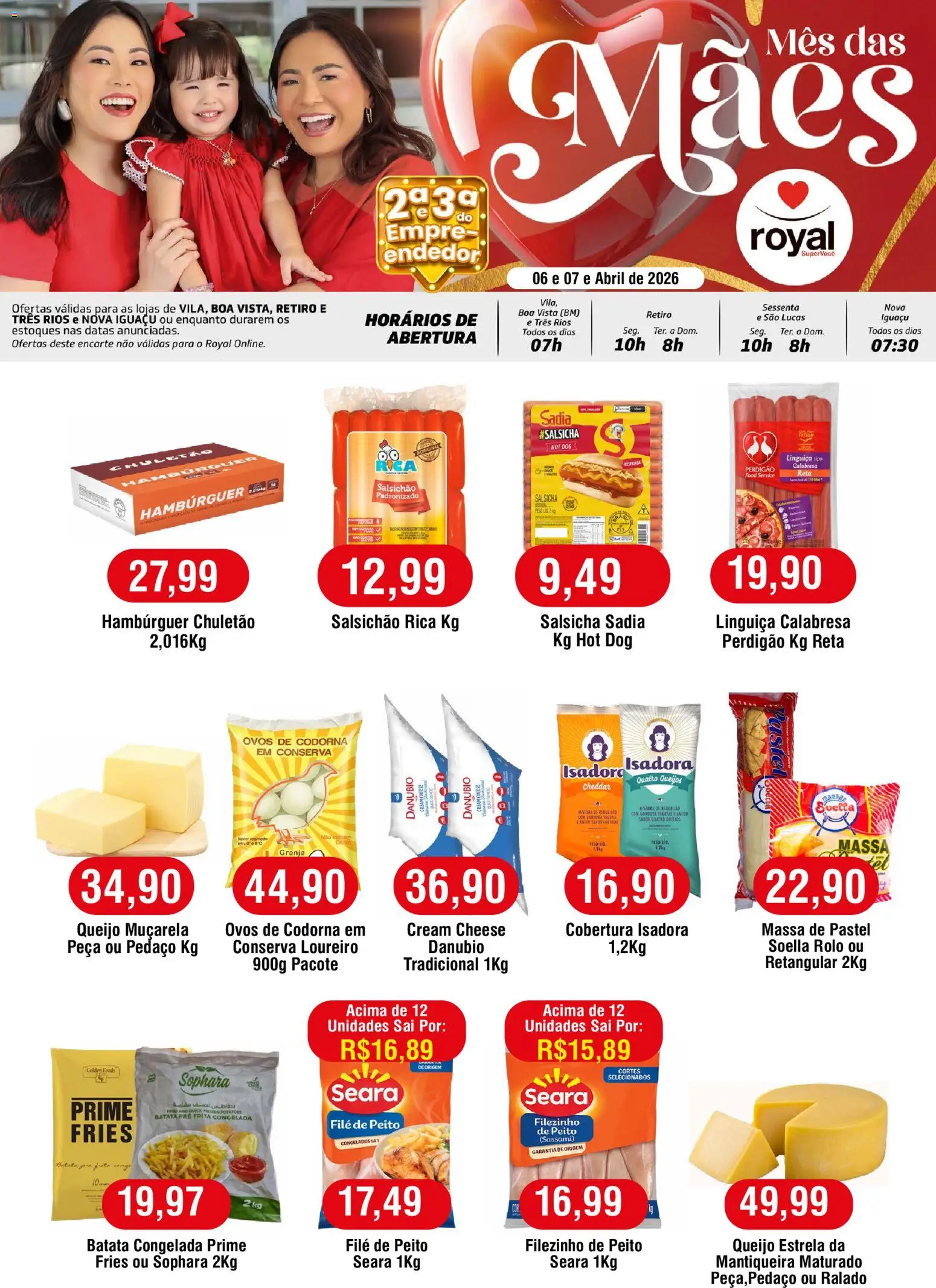 Royal Supermercados Folheto - válido de 06.04.2026 | Página: 1 | Produtos: Muçarela, Cheddar, Cream cheese, Ovos de codorna