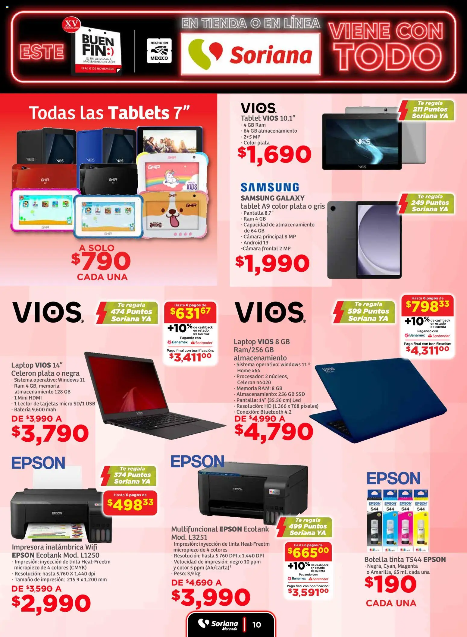 Nuevas ofertas de Soriana válidas en toda la República Mexicana desde el 13.11.2025. ¡Encuentra las mejores ofertas en Soriana - Buen Fin Mercado Nacional! | Página: 10 | Productos: Usb, Cámara, Botella, Té