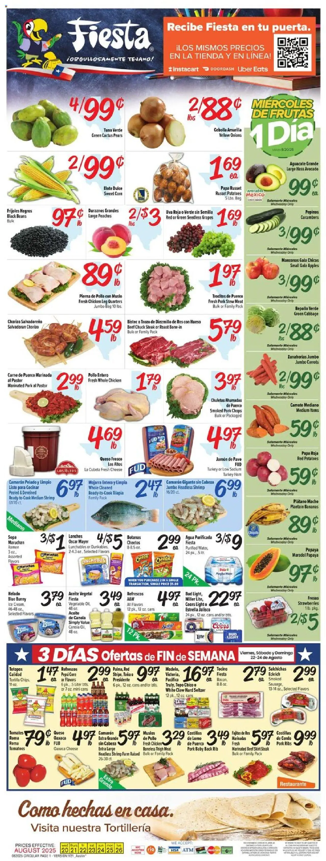Fiesta Mart Weekly Ad - valid from 20.08.2025 | Page: 1 | Products: Peaches, Tomatoes, Avocado, Bag