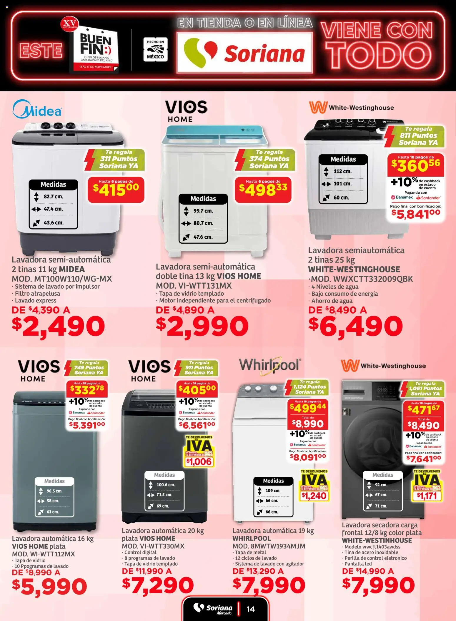 Nuevas ofertas de Soriana válidas en toda la República Mexicana desde el 13.11.2025. ¡Encuentra las mejores ofertas en Soriana - Buen Fin Mercado Nacional! | Página: 14 | Productos: Secadora, Agua, Lavadora, Té