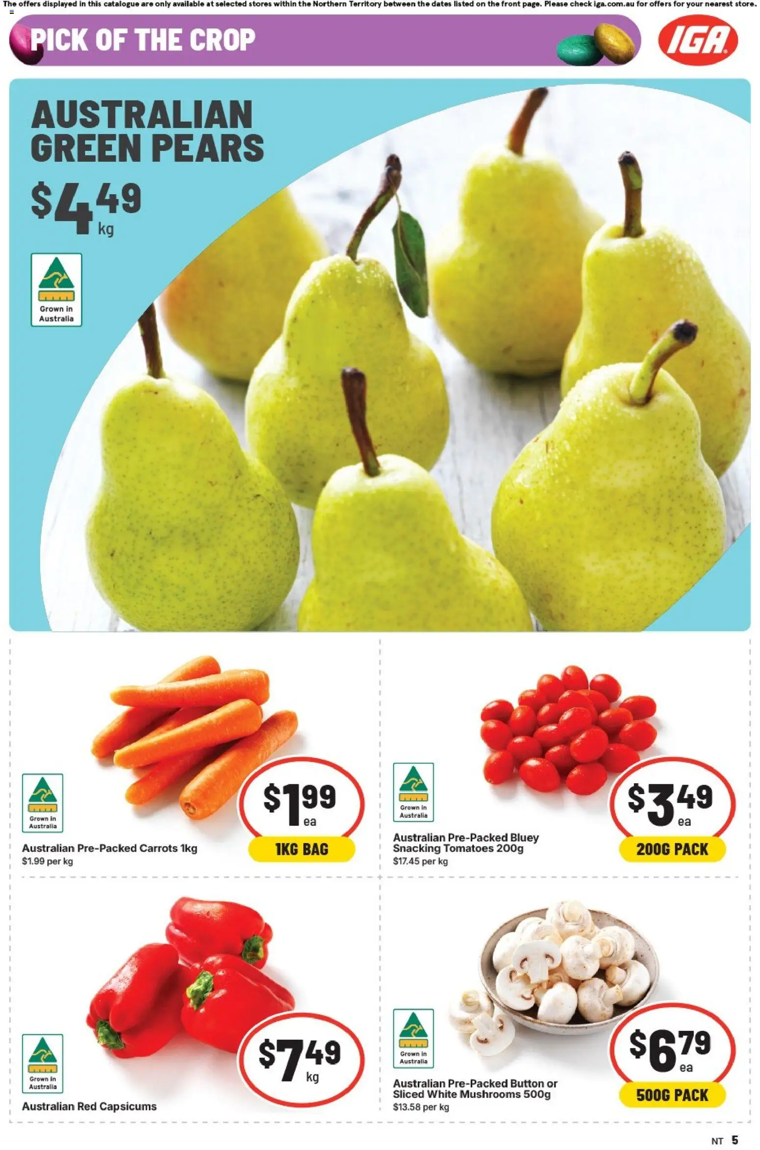 IGA catalogue - valid from 25.03.2026 | Page: 5 | Products: Tomatoes, Mushrooms, Carrots, Bag