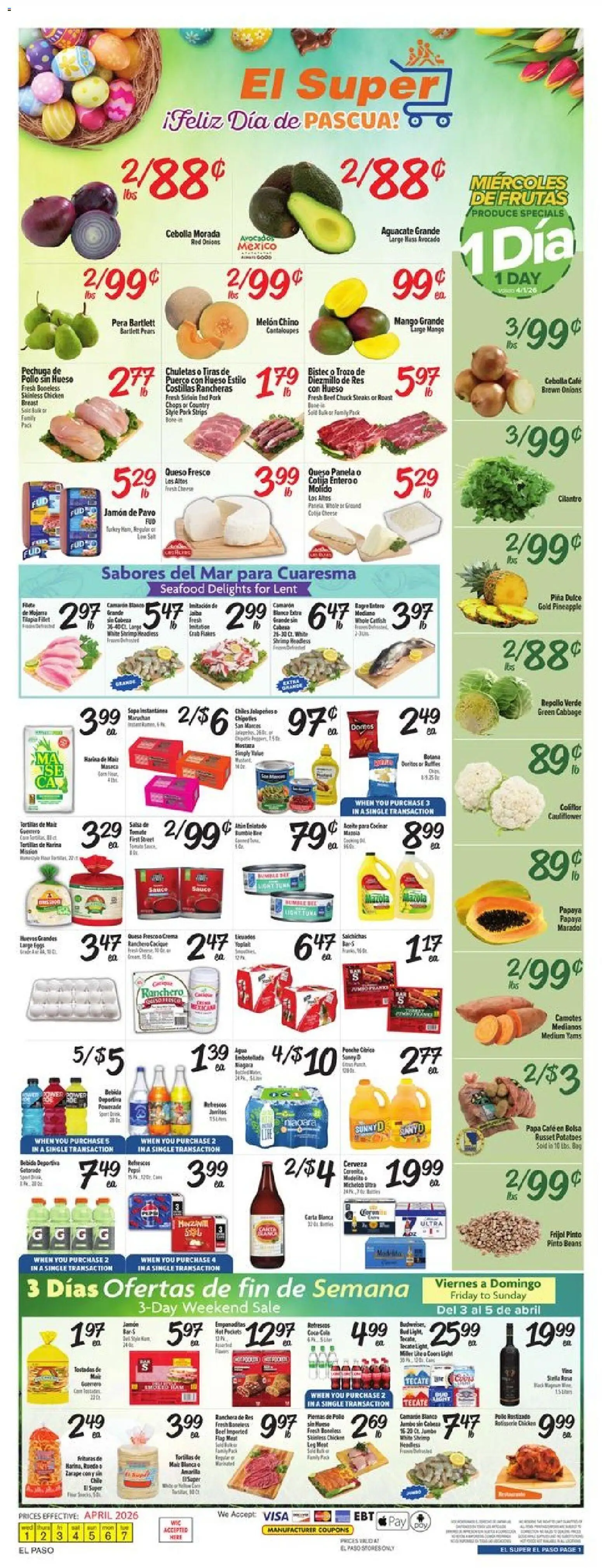 El Super Weekly Ad - TX - valid from 01.04.2026 | Page: 1 | Products: Cantaloupes, Avocado, Seafood, Mango