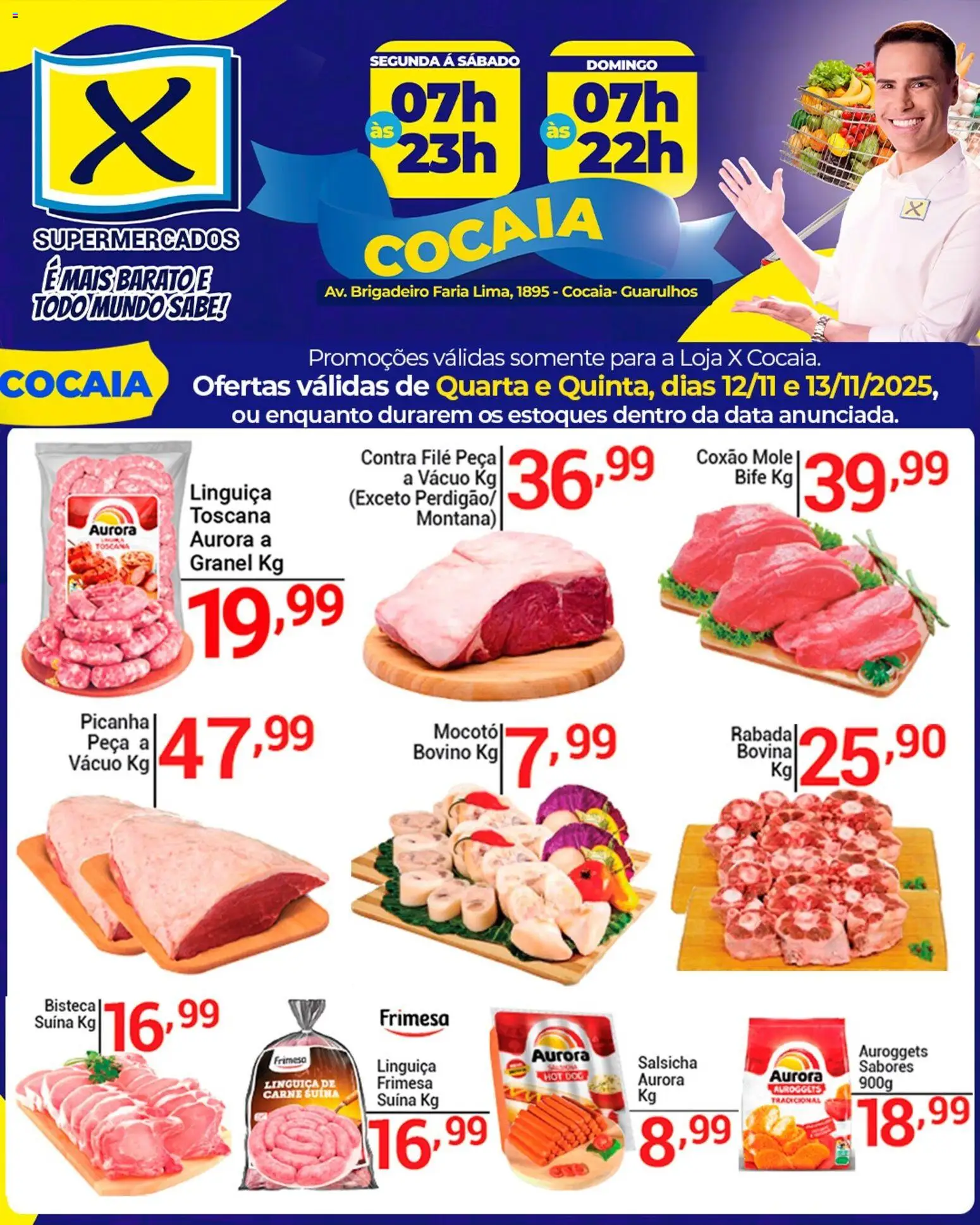 X Supermercados Folheto - válido de 12.11.2025 | Página: 2 | Produtos: Salsicha, Linguiça, Contra filé, Carne