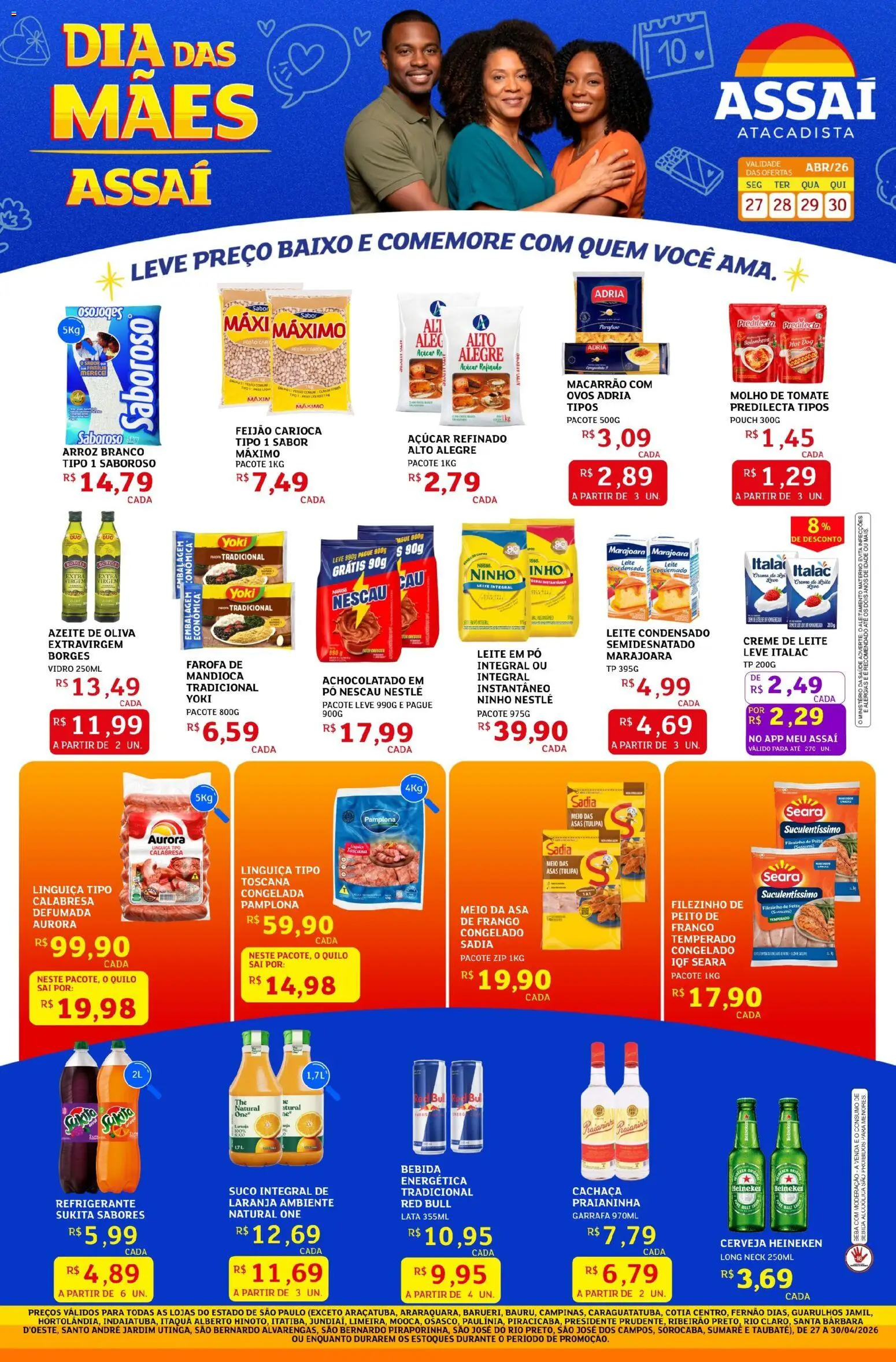 Assaí Atacadista Folheto - válido de 27.04.2026 | Página: 1 | Produtos: Leite integral, Linguiça, Heineken, Baixo