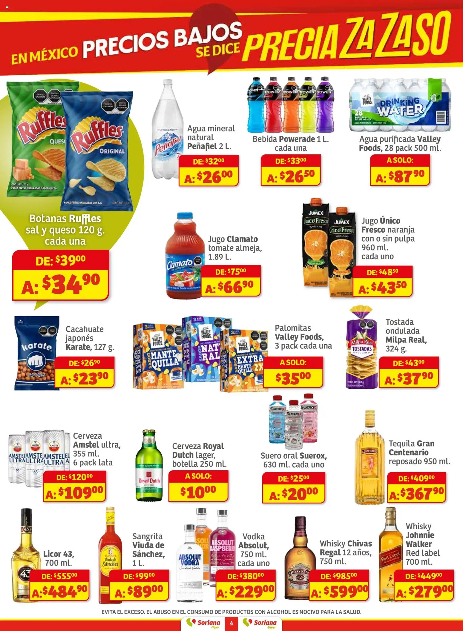 Nuevas ofertas de Soriana válidas en toda la República Mexicana desde el 27.11.2025. ¡Encuentra las mejores ofertas en Soriana - Preciazazaso Híper: Ags, Col, Gto, Jal, Mich! | Página: 4 | Productos: Agua, Cerveza, Papas fritas, Vodka