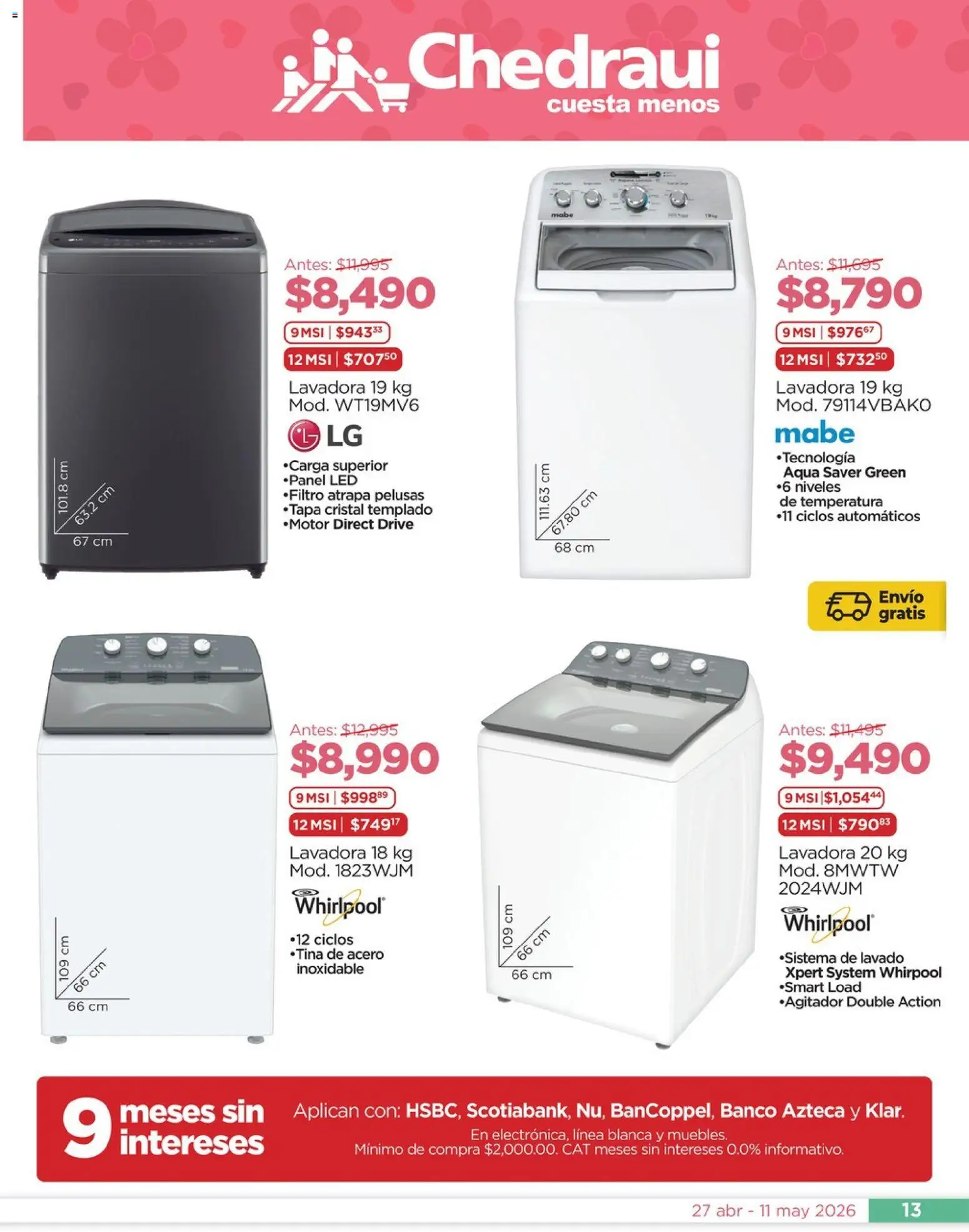 Nuevas ofertas de Chedraui válidas en toda la República Mexicana desde el 27.04.2026. ¡Encuentra las mejores ofertas en Chedraui folleto Mejor para festejar a mamá! | Página: 13 | Productos: Lavadora, Banco
