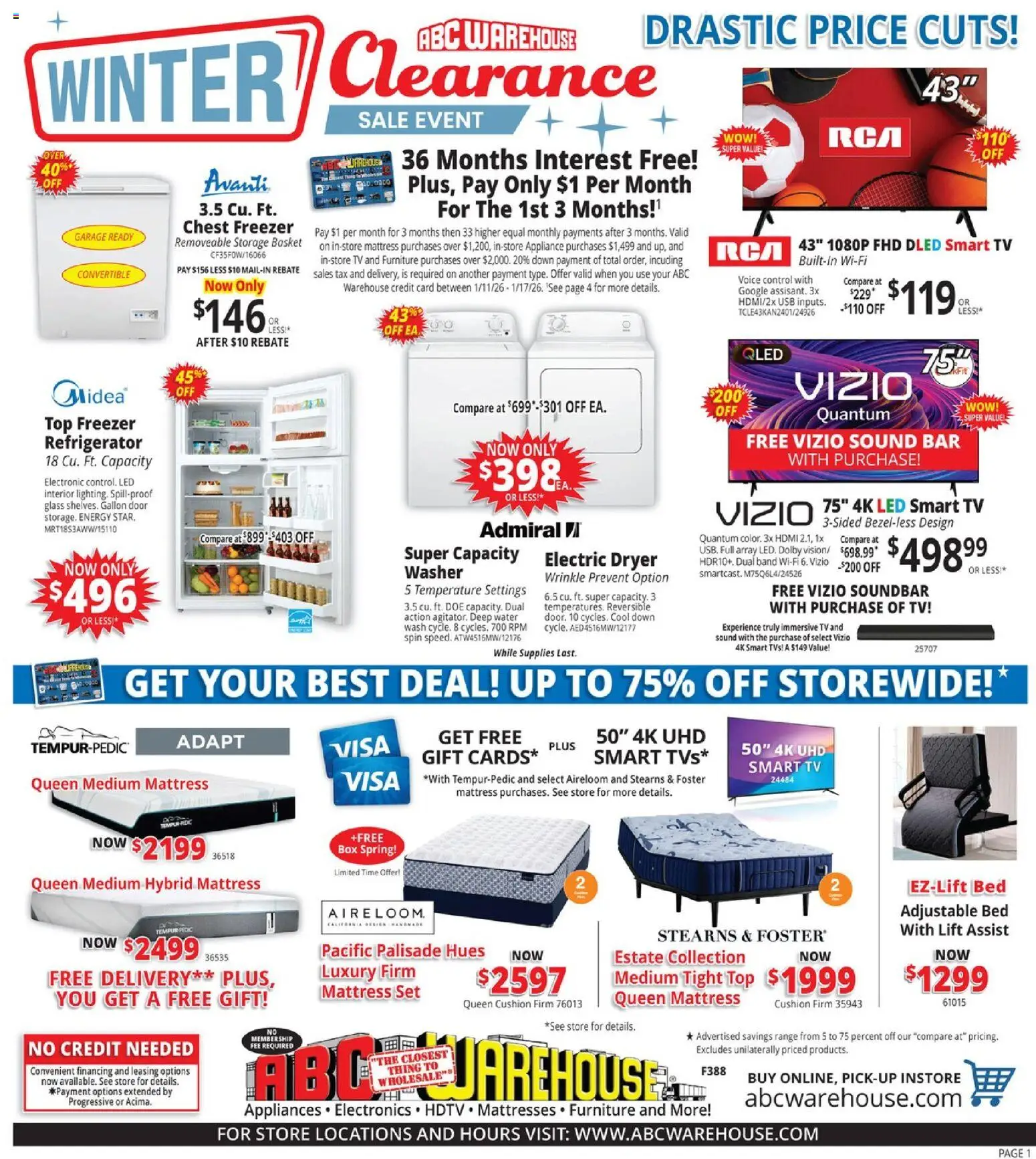 ABC Warehouse Weekly Ad - valid from 11.01.2026 | Page: 1 | Products: Water, Cushion, Usb, Dryer