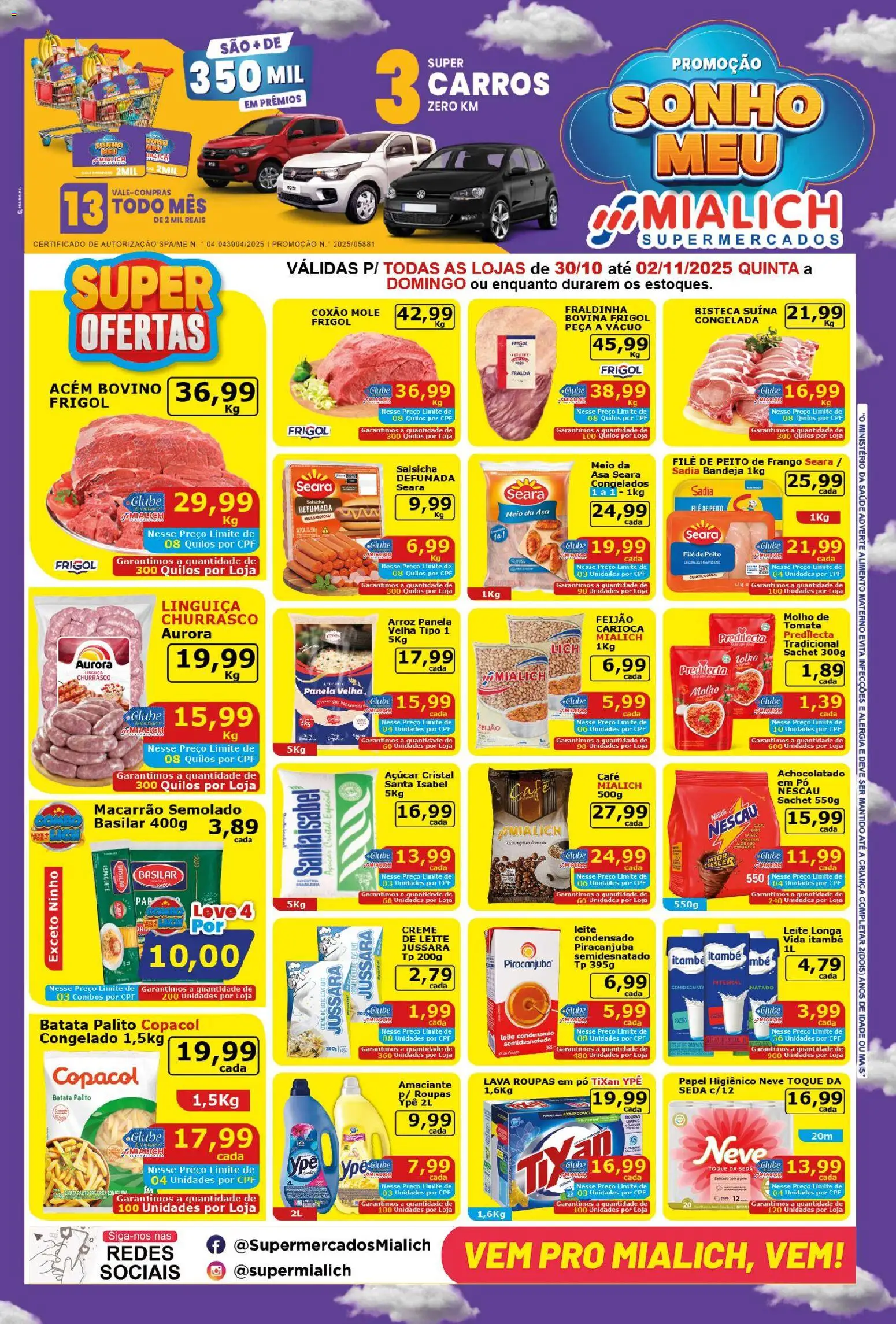 Mialich Supermercados Folheto - válido de 30.10.2025 | Página: 1 | Produtos: Salsicha, Creme, Bandeja, Batata