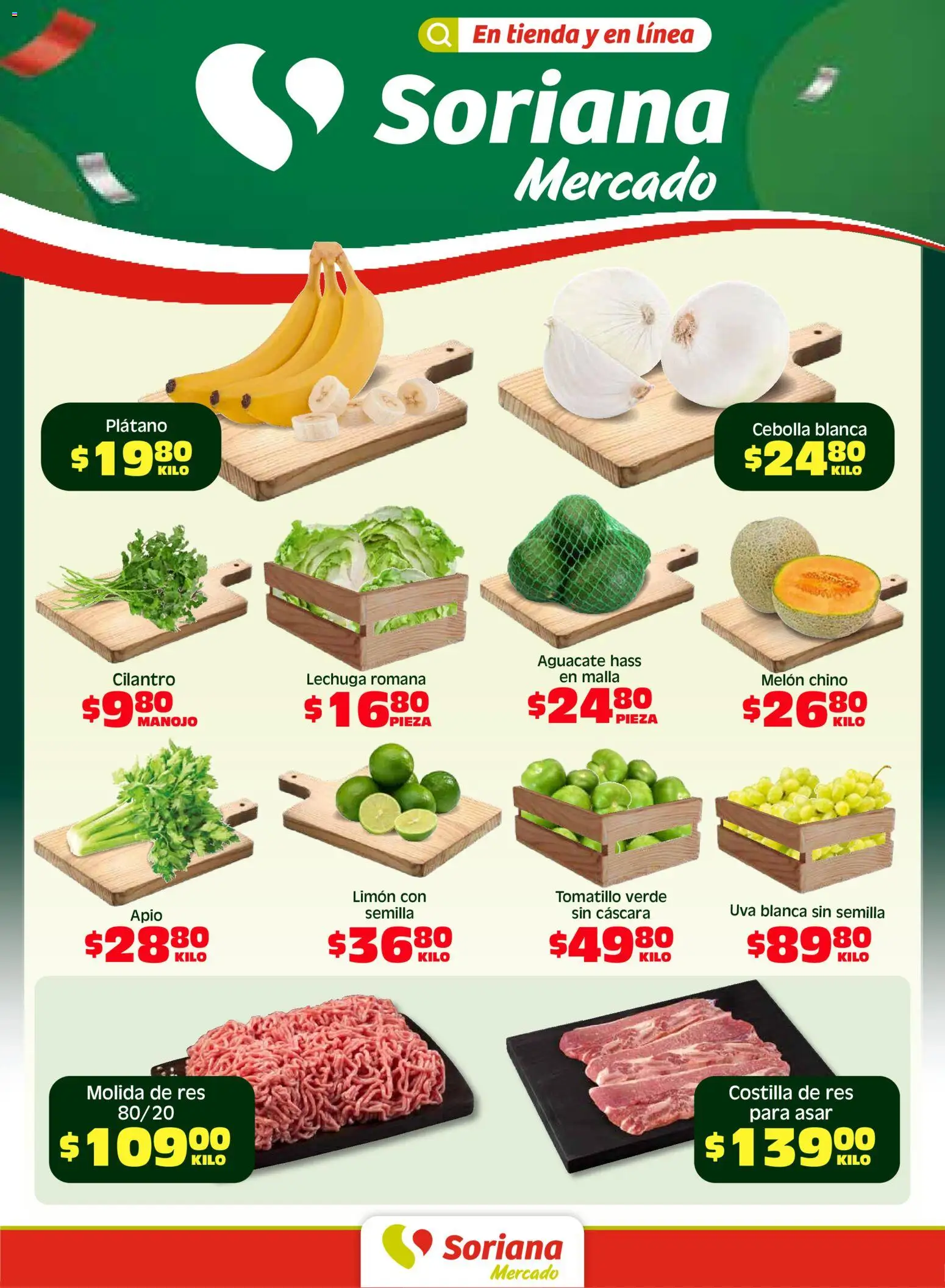 Nuevas ofertas de Soriana válidas en toda la República Mexicana desde el 24.04.2026. ¡Encuentra las mejores ofertas en Soriana Fin de Semana Mercado: Coah, Chih y Dur! | Página: 1 | Productos: Plátano, Lechuga, Aguacate, Malla