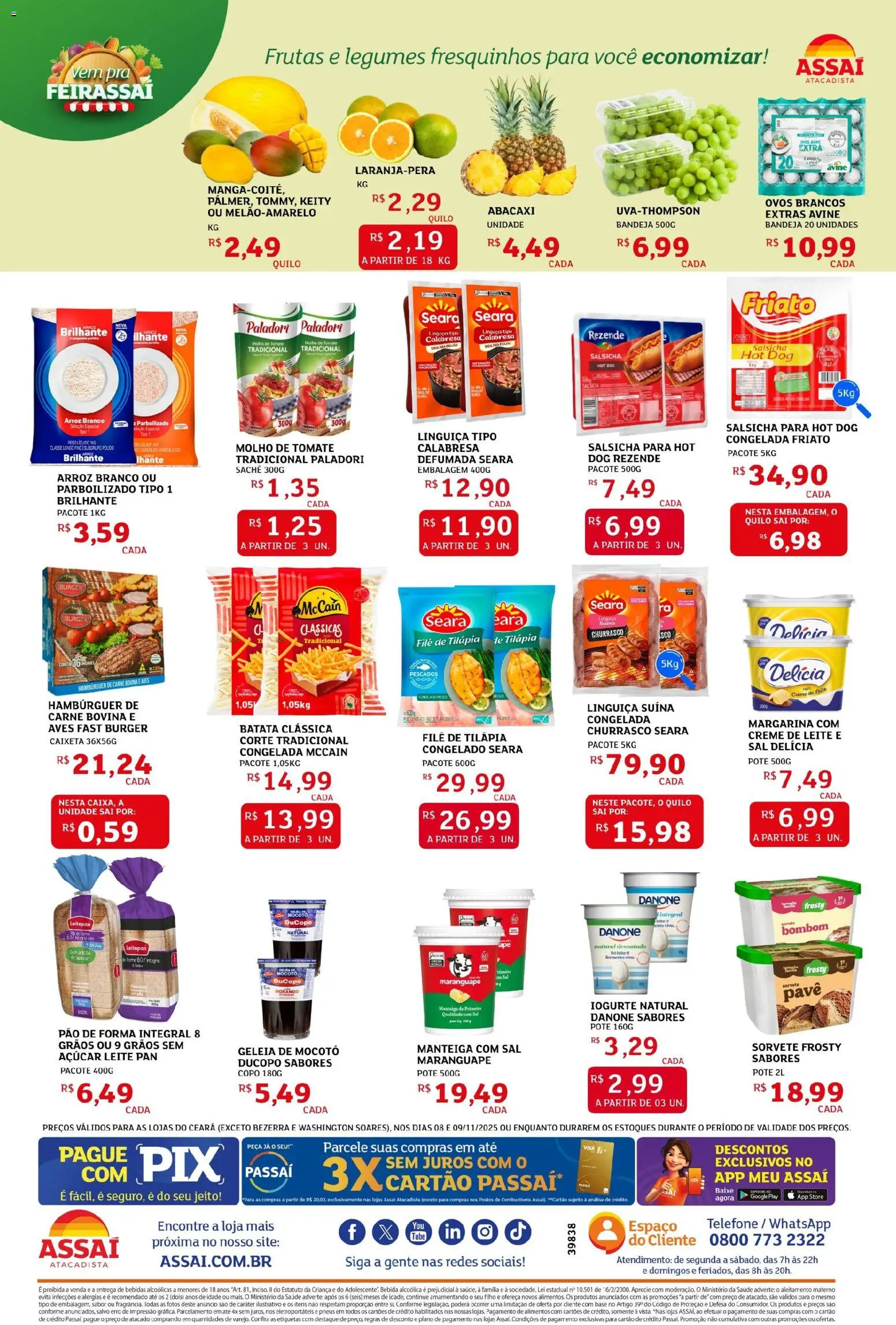 Assaí Atacadista Folheto - válido de 08.11.2025 | Página: 2 | Produtos: Manteiga, Pão de forma, Hambúrguer, Creme de leite