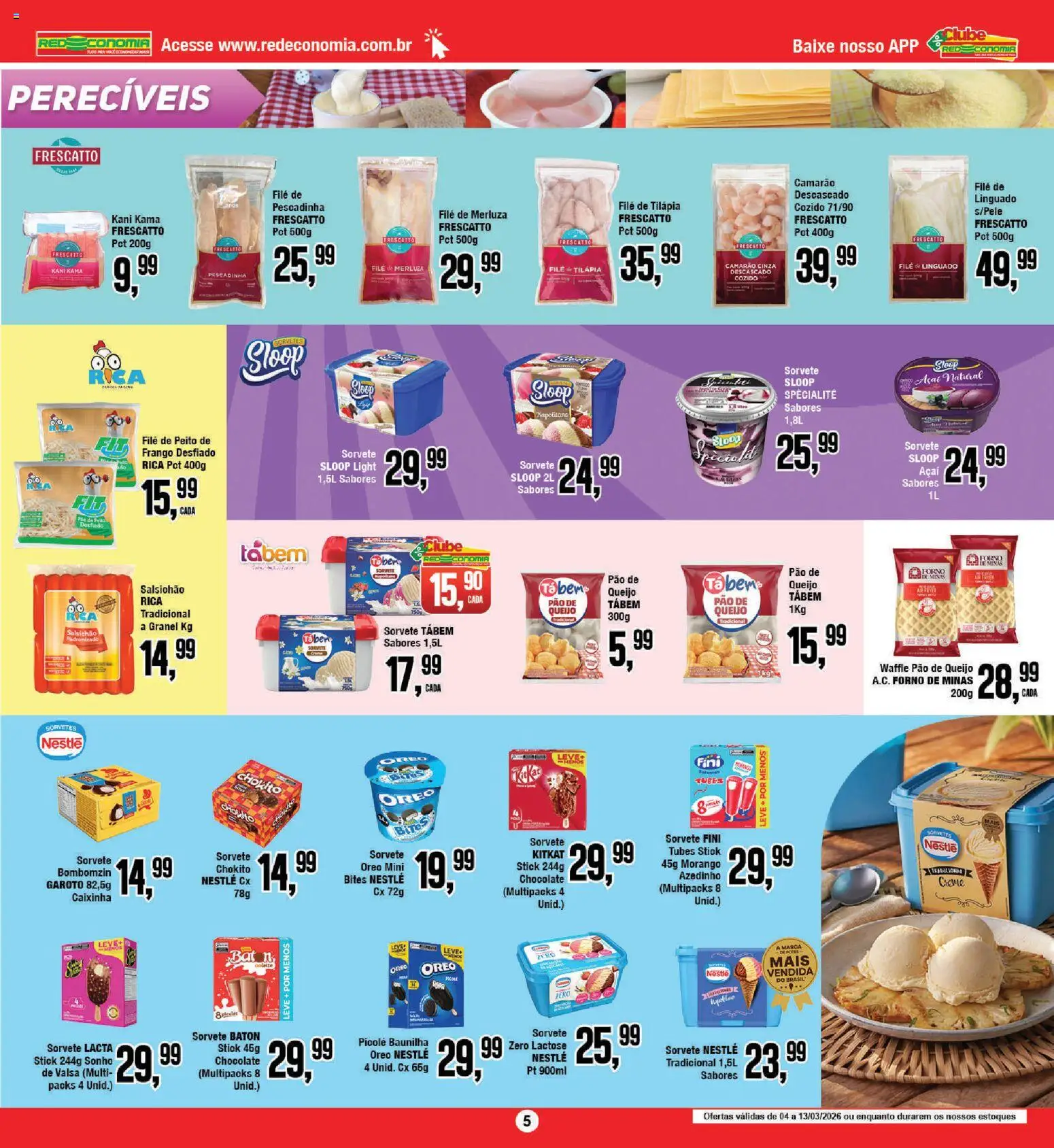 RedEconomia Folheto - válido de 13.03.2026 | Página: 5 | Produtos: Pão, Creme, Sorvete, Picolé