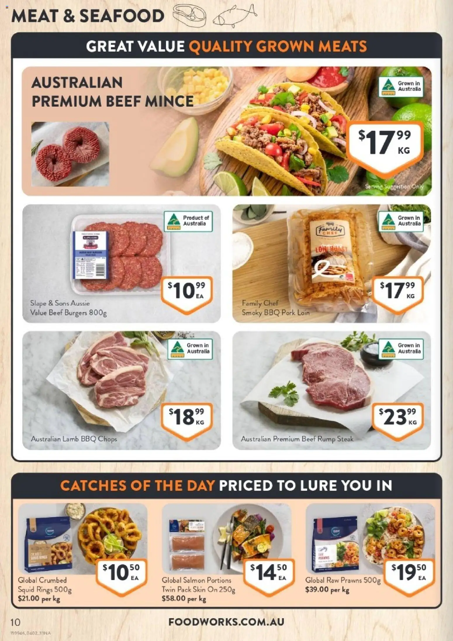 Foodworks catalogue - valid from 04.02.2026 | Page: 10 | Products: Meat, Prawns, Salmon, Seafood