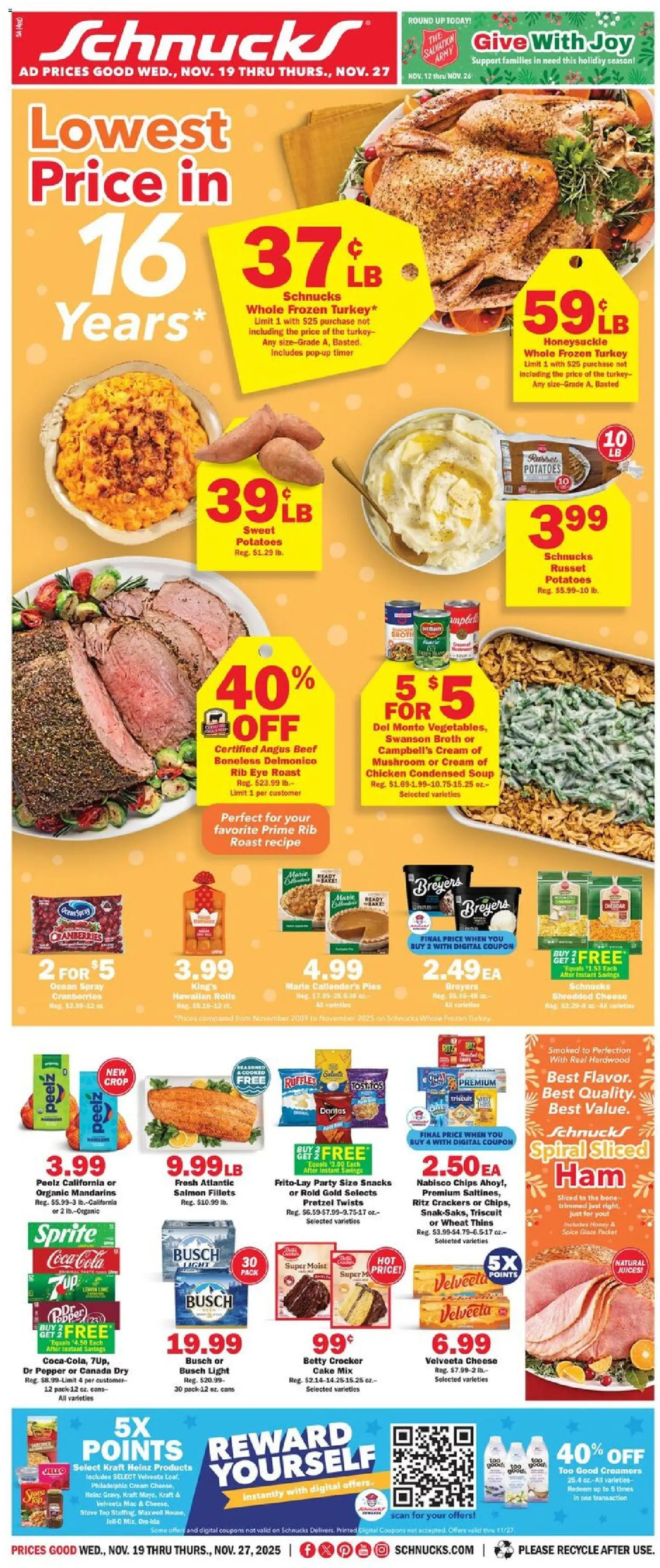 Schnucks Weekly Ad - valid from 19.11.2025 | Page: 1 | Products: Mandarins, Beef, Chips, Cream