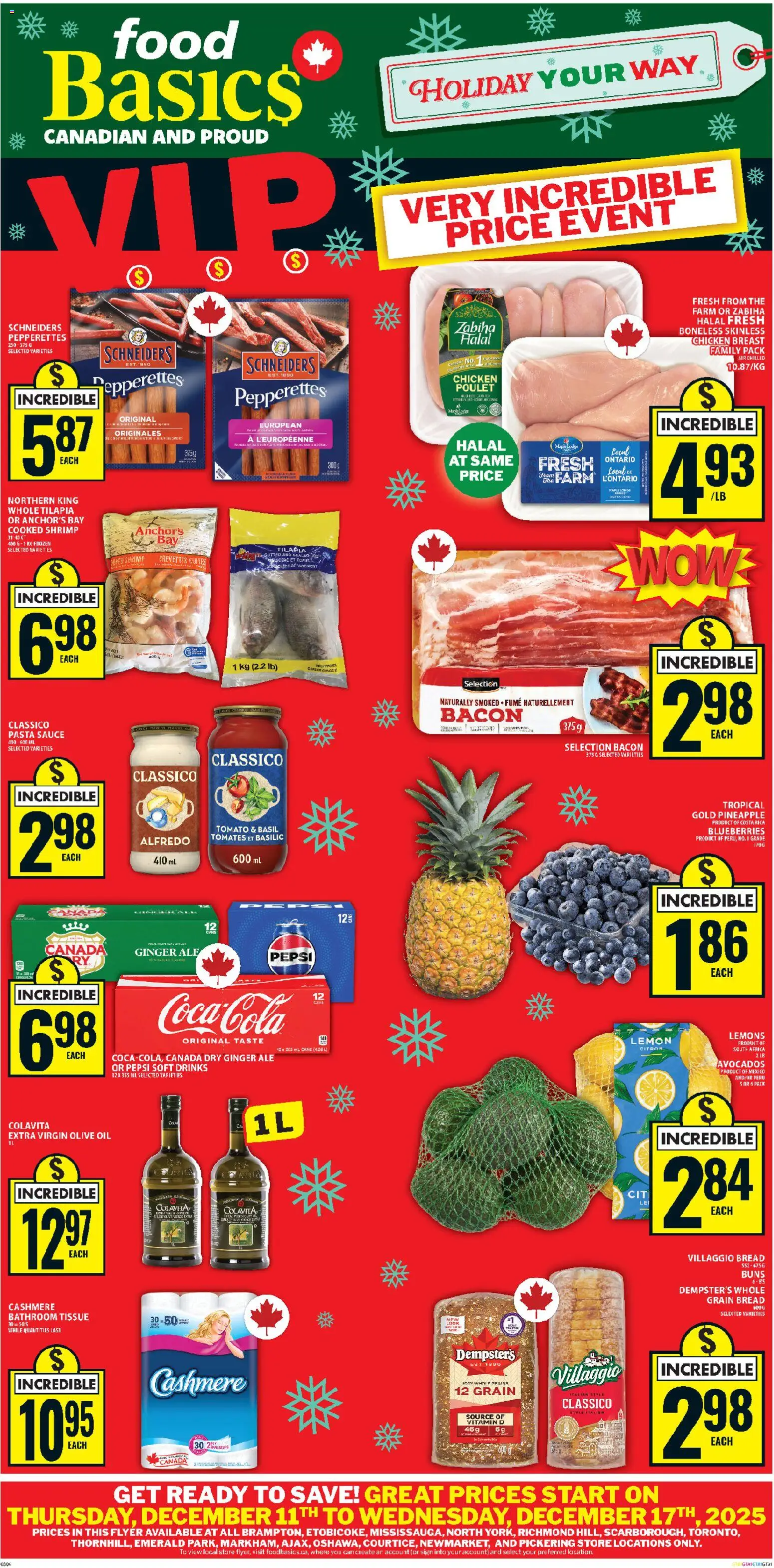 Food Basics flyer valid from 11.12.2025 | Page: 1 | Products: Pasta, Oil, Bread, Chicken
