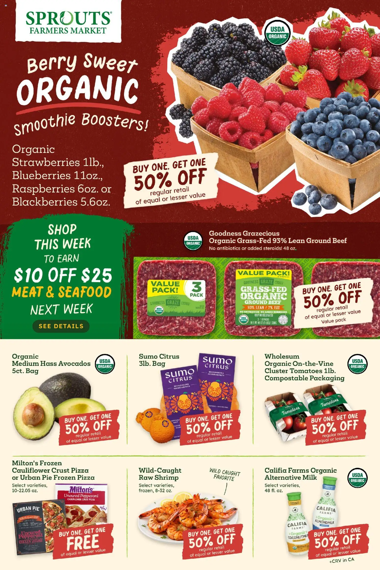 Sprouts Weekly Ad - valid from 28.01.2026 | Page: 2 | Products: Milk, Pizza, Strawberries, Sausage