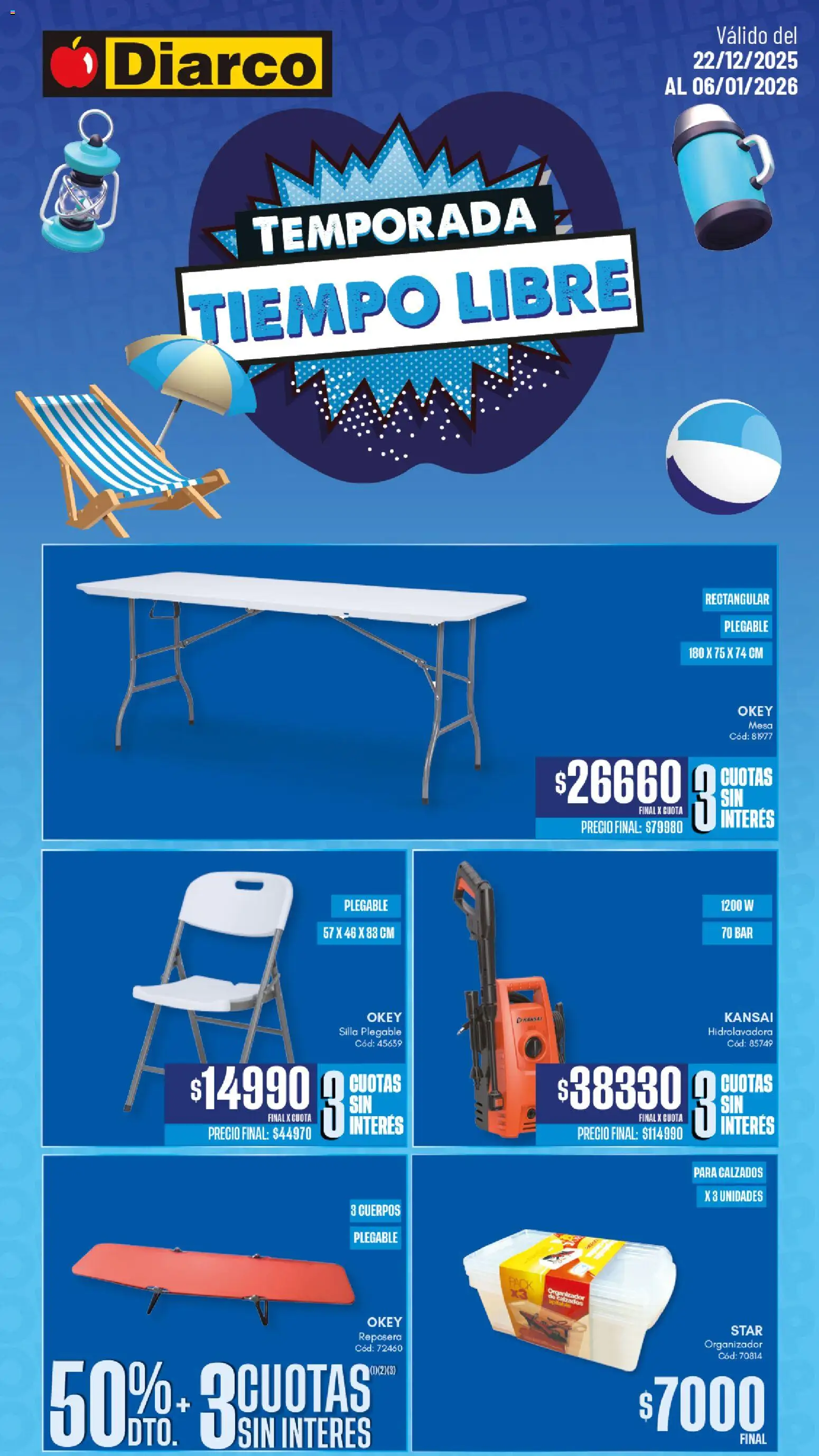 Diarco - Especial Tiempo Libre │ válido desde el 22.12.2025 | Página: 1 | Productos: Organizador, Reposera, Silla, Hidrolavadora