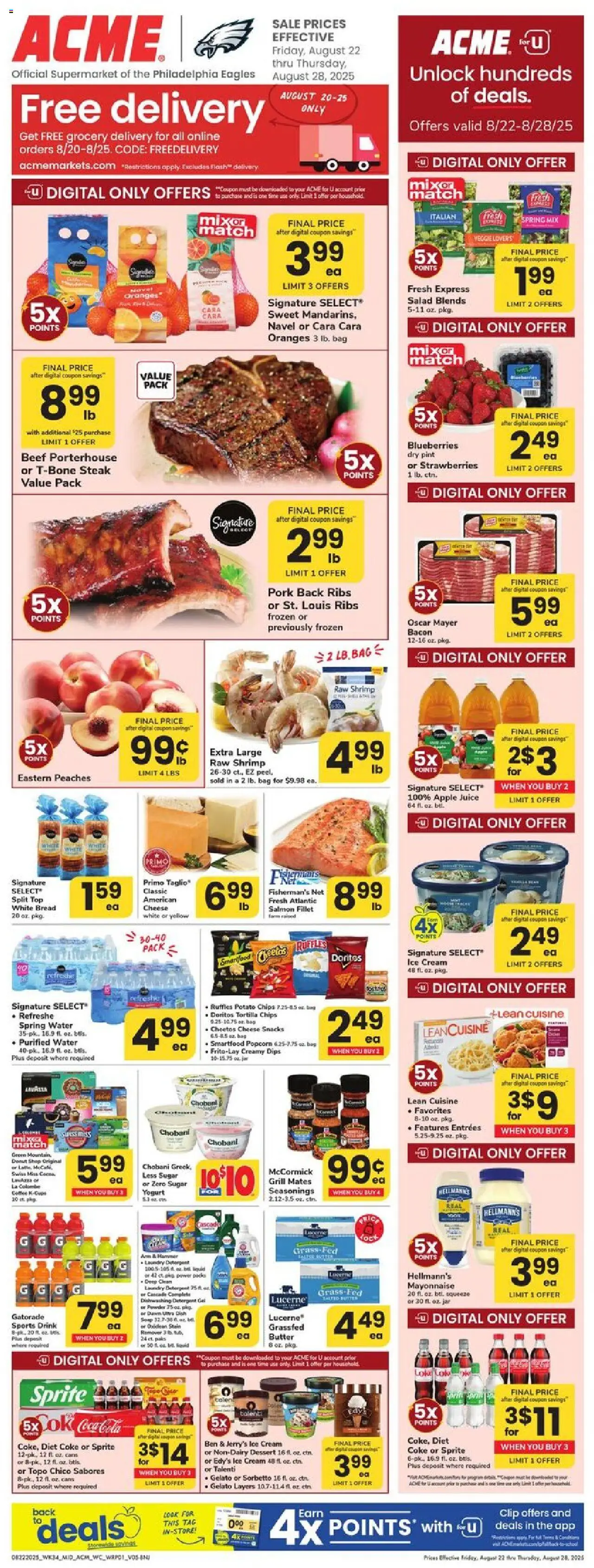 Acme Weekly Ad - NJ - valid from 22.08.2025 | Page: 1 | Products: Strawberries, Dishwashing detergent, Cream, Blueberries