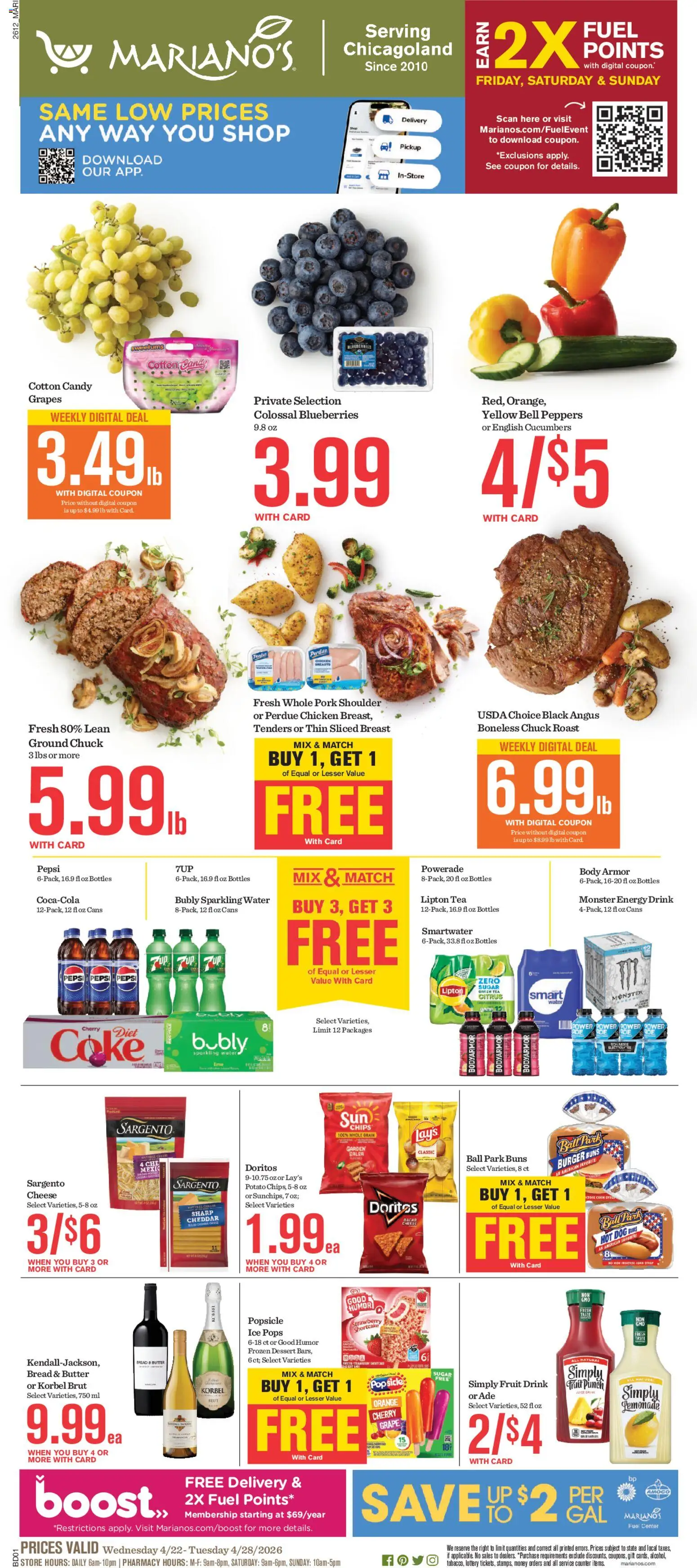 Mariano's Weekly Ad - valid from 22.04.2026 | Page: 1 | Products: Corn, Cheese, Lime, Blueberries