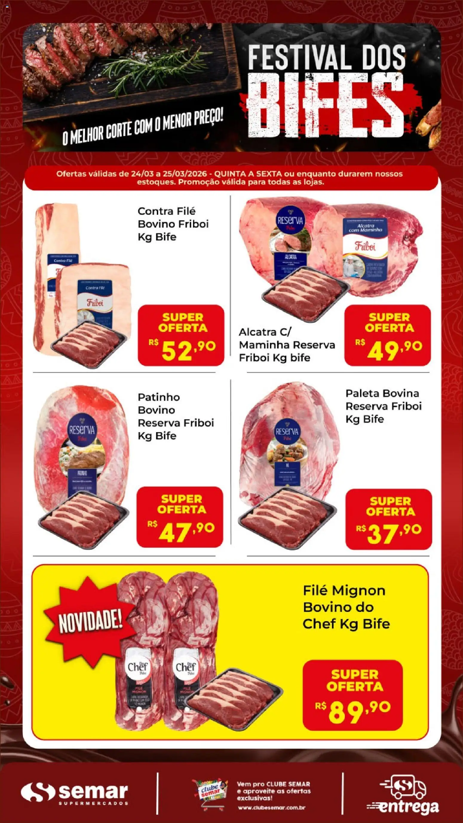 Semar Supermercado Folheto - válido de 24.03.2026 | Página: 1 | Produtos: Alcatra, Contra filé, Filé mignon, Maminha