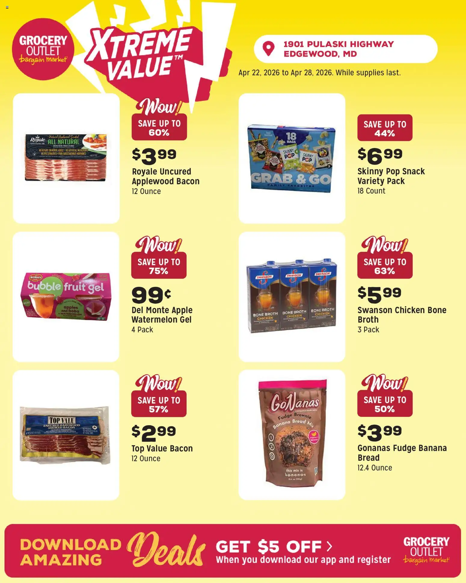 Grocery Outlet Weekly Ad - MD - valid from 22.04.2026 | Page: 5 | Products: Bread, Apples, Watermelon