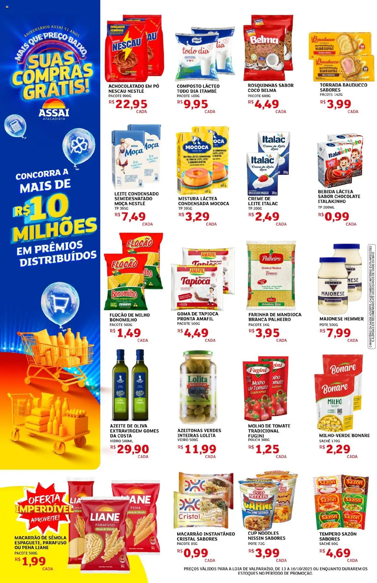Assaí Atacadista Folheto - válido de 13.10.2025 | Página: 2 | Produtos: Farinha de mandioca, Leite, Carne, Creme