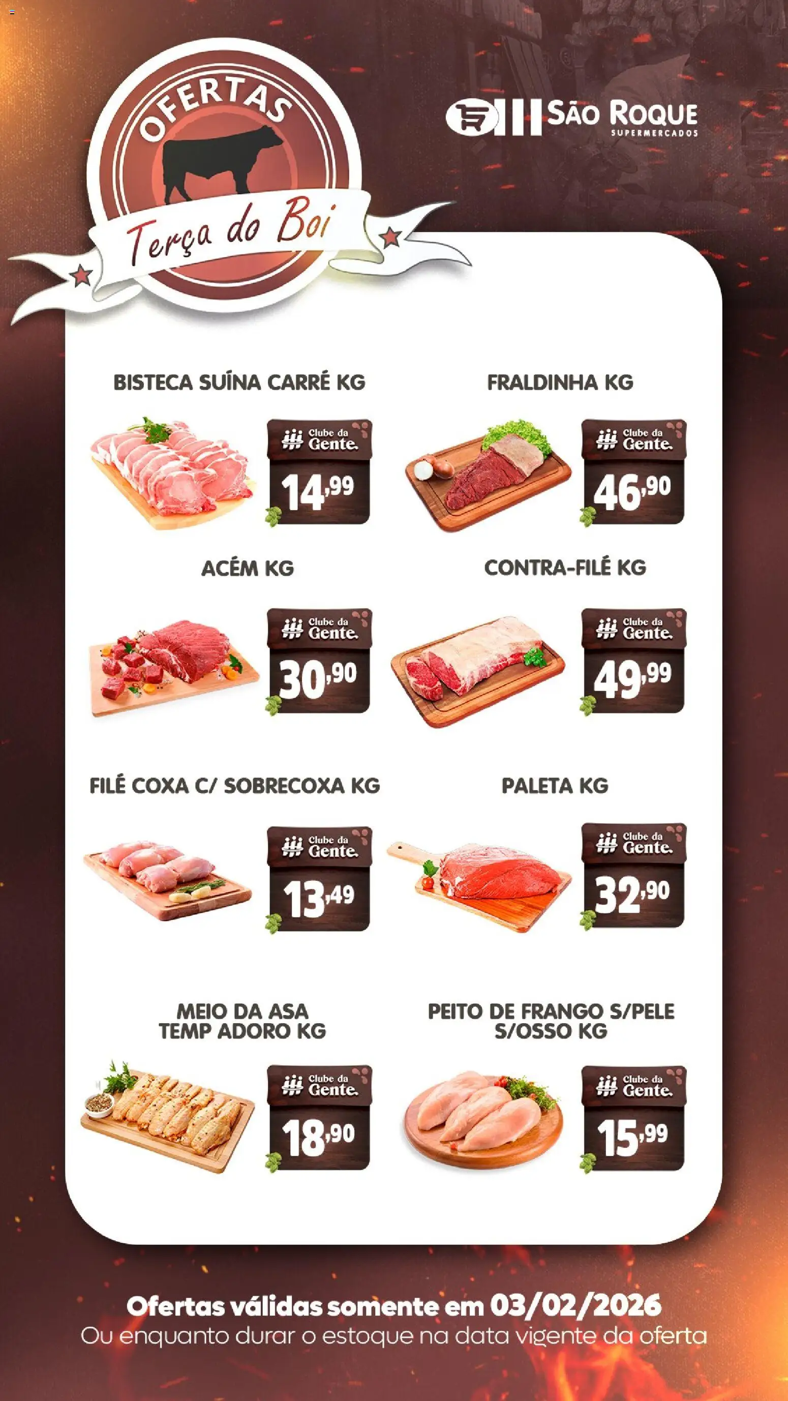 São Roque Supermercados Folheto - válido de 03.02.2026 | Página: 1 | Produtos: Acém, Fraldinha, Frango, Peito de frango
