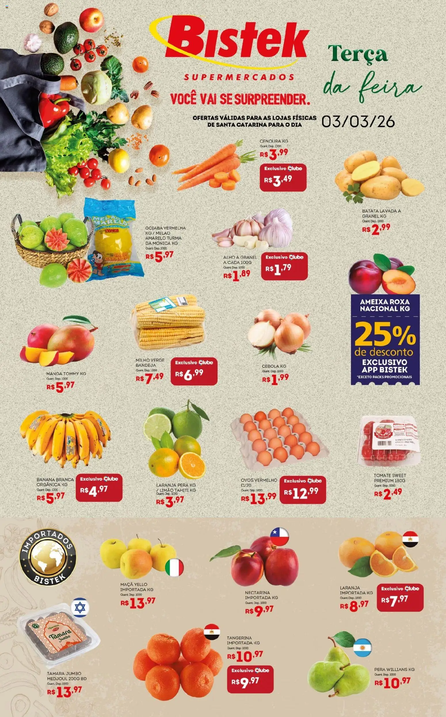 Bistek Supermercados Folheto - válido de 03.03.2026 | Página: 1 | Produtos: Goiaba, Pera, Alho, Bandeja