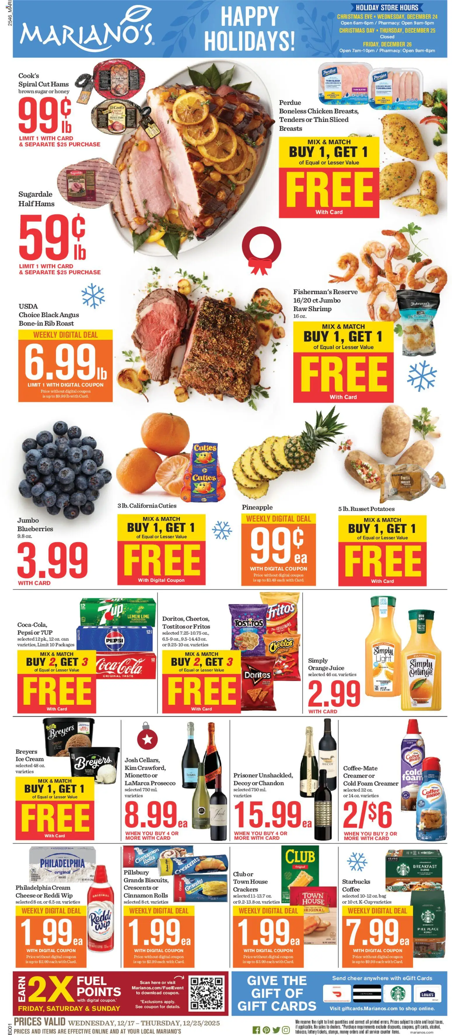 Mariano's Weekly Ad - valid from 17.12.2025 | Page: 1 | Products: Cheese, Juice, Potatoes, Bag